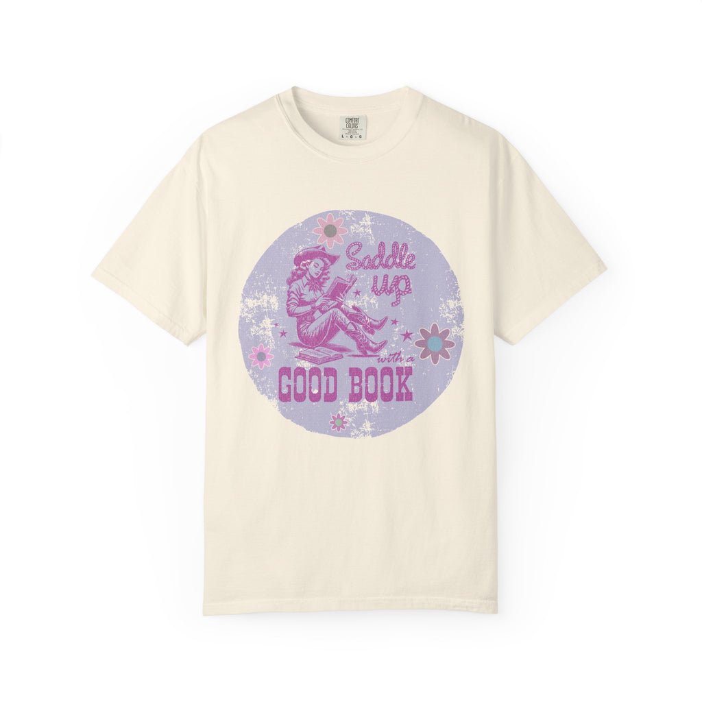 Textured T-Shirt — “Saddle Up Good Book” Retro Western Graphic Tee