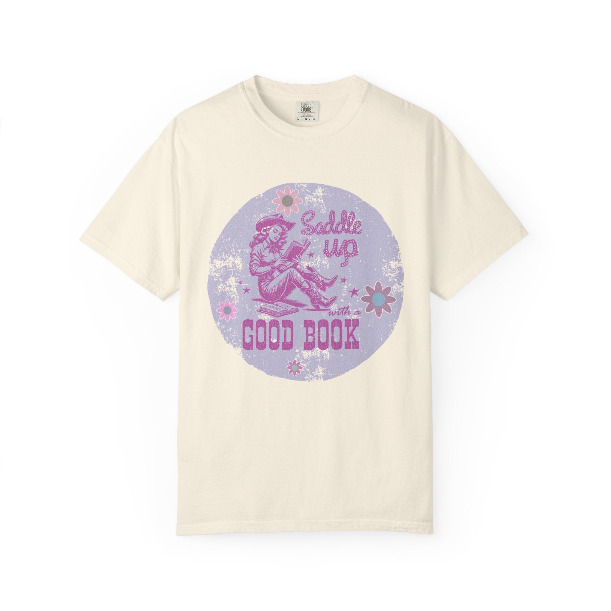 Textured T-Shirt — “Saddle Up Good Book” Retro Western Graphic Tee