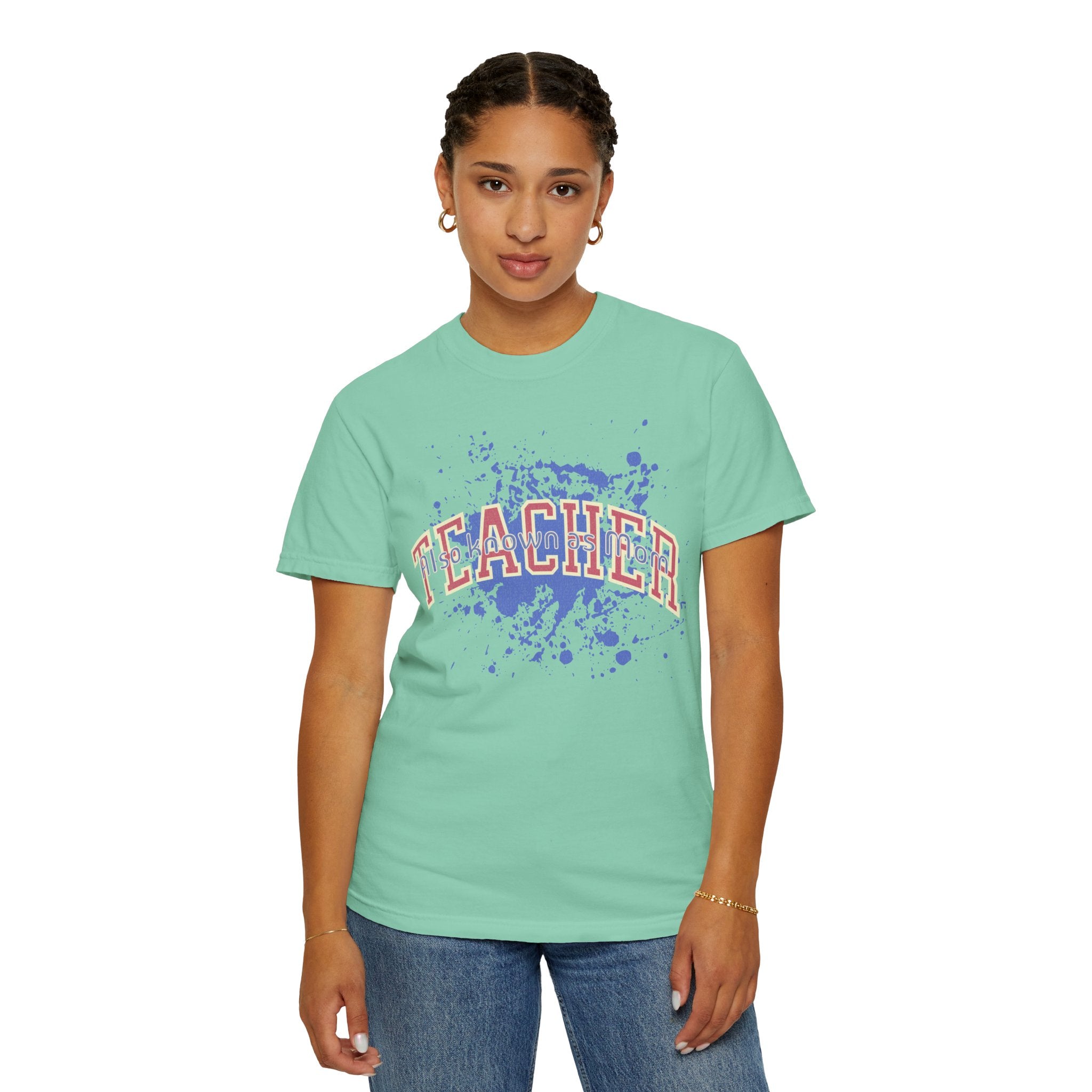 Teacher Also Known As Mom Textured T-Shirt — 'TEACHER' Collegiate Arc Design