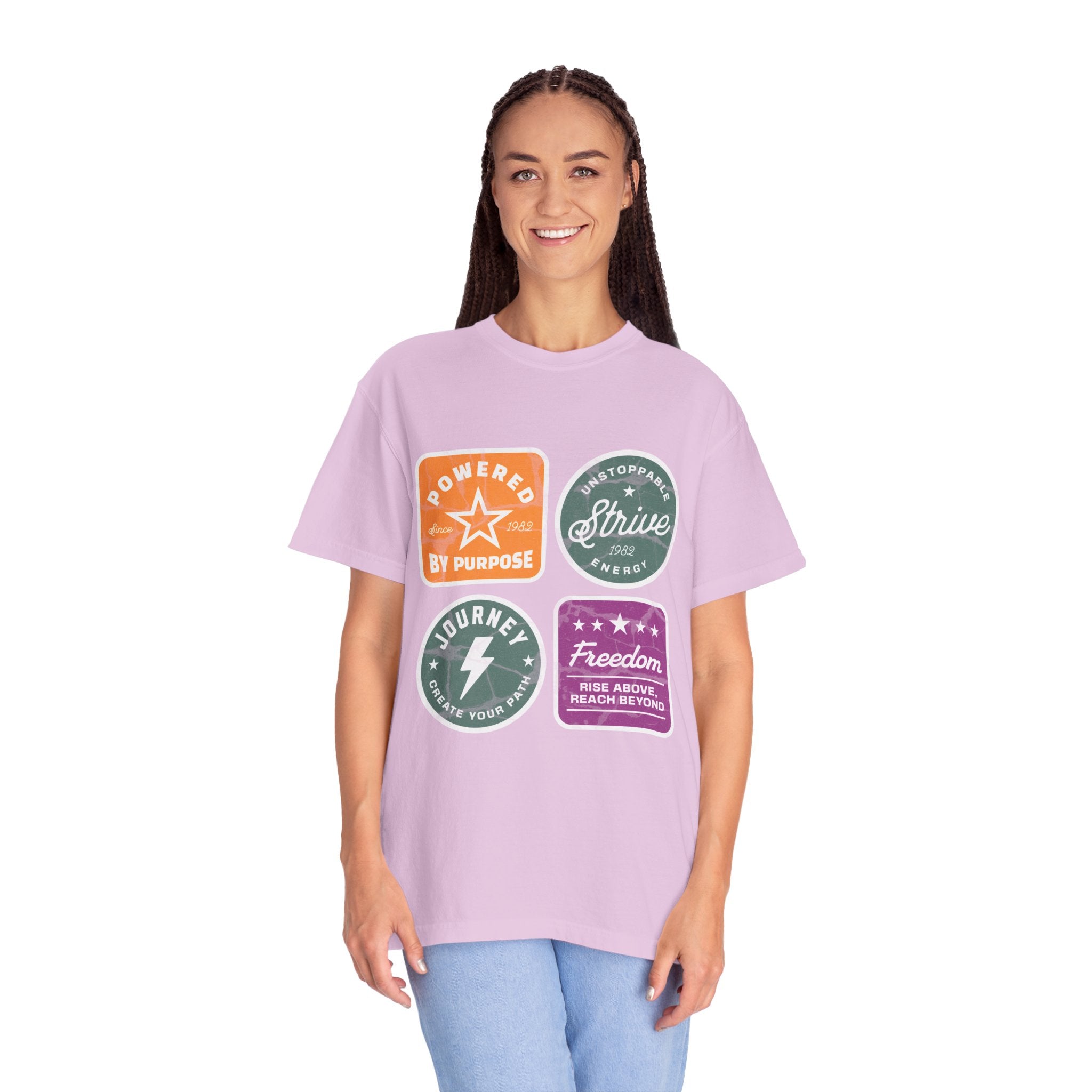 Motivational Badge T-Shirt — "Powered by Purpose / Strive / Journey / Freedom"