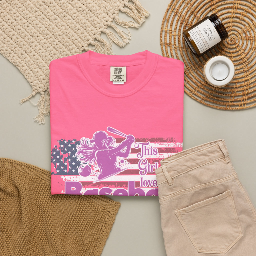 Textured Baseball Tee — "This Girl Loves Baseball" Patriotic Pink Softball T-Shirt