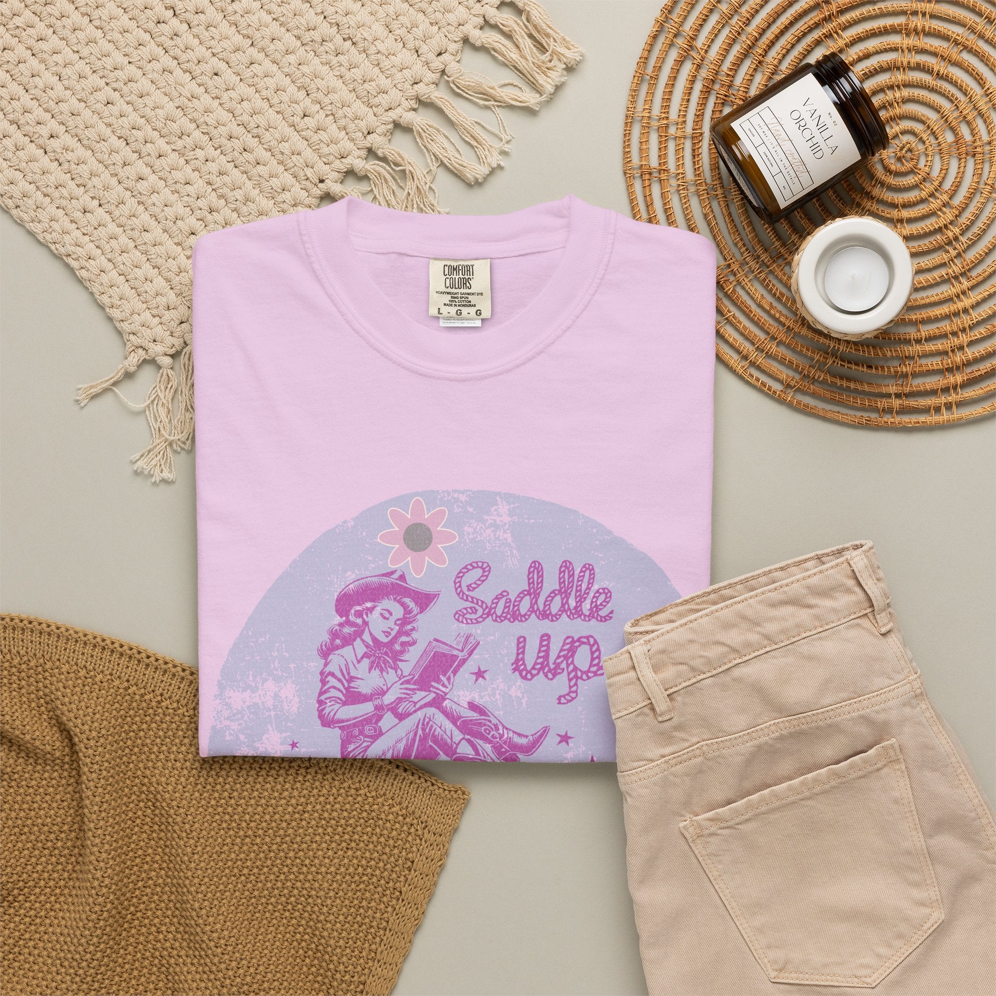 Textured T-Shirt — “Saddle Up Good Book” Retro Western Graphic Tee