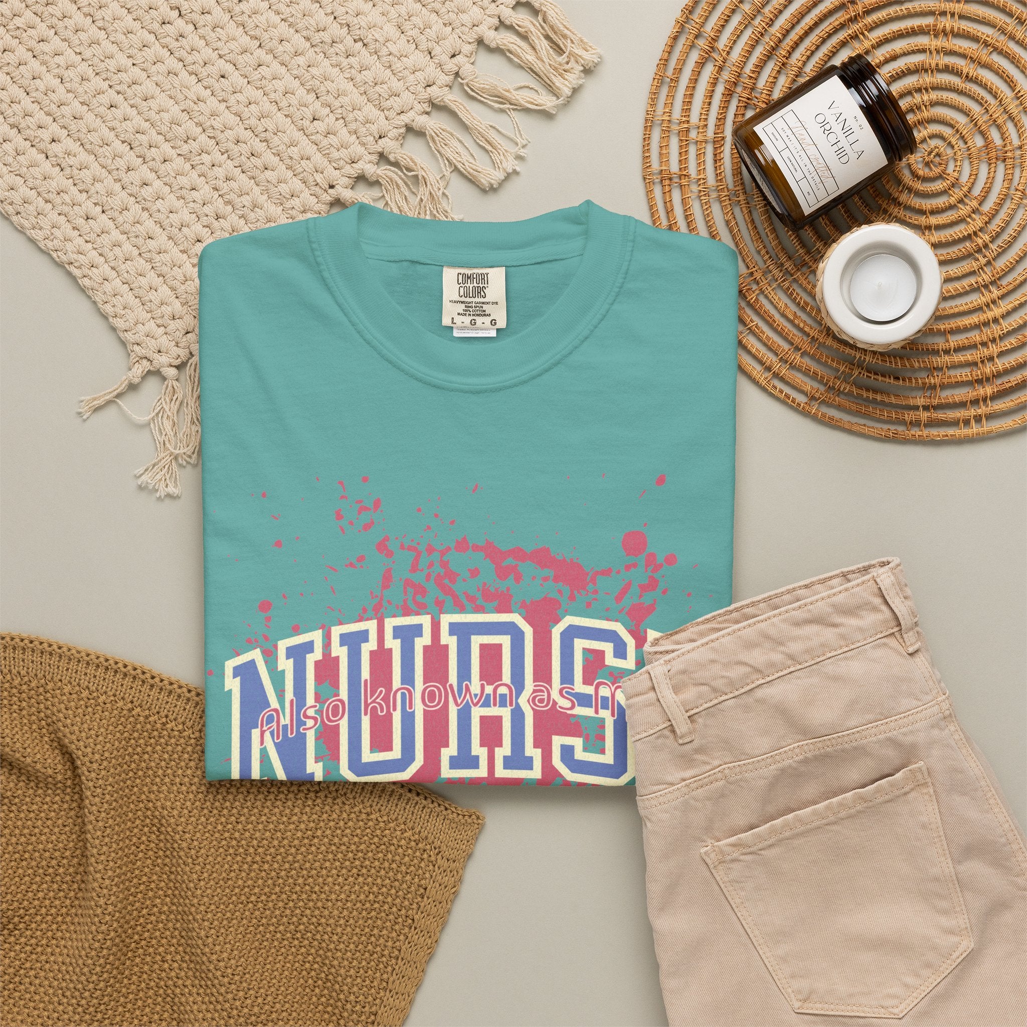 Nurse Also Known As Mom Textured T‑Shirt — Retro Collegiate Text with Paint Splatter