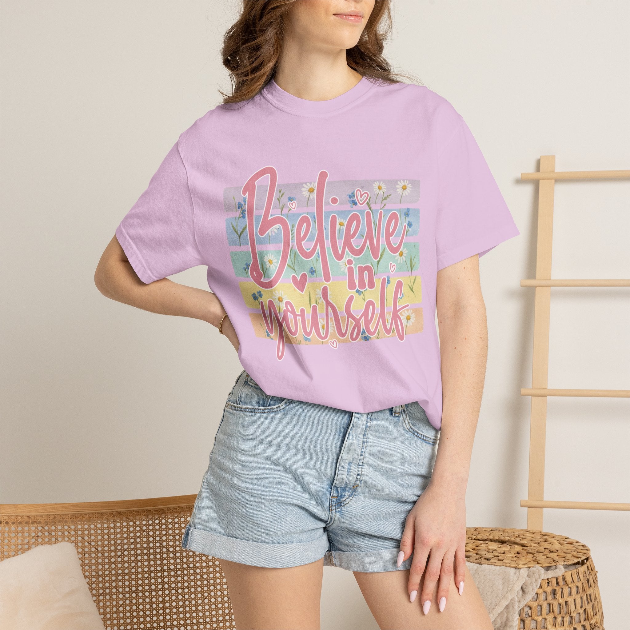 Textured Believe in Yourself T-Shirt — Pastel Floral Inspirational Tee