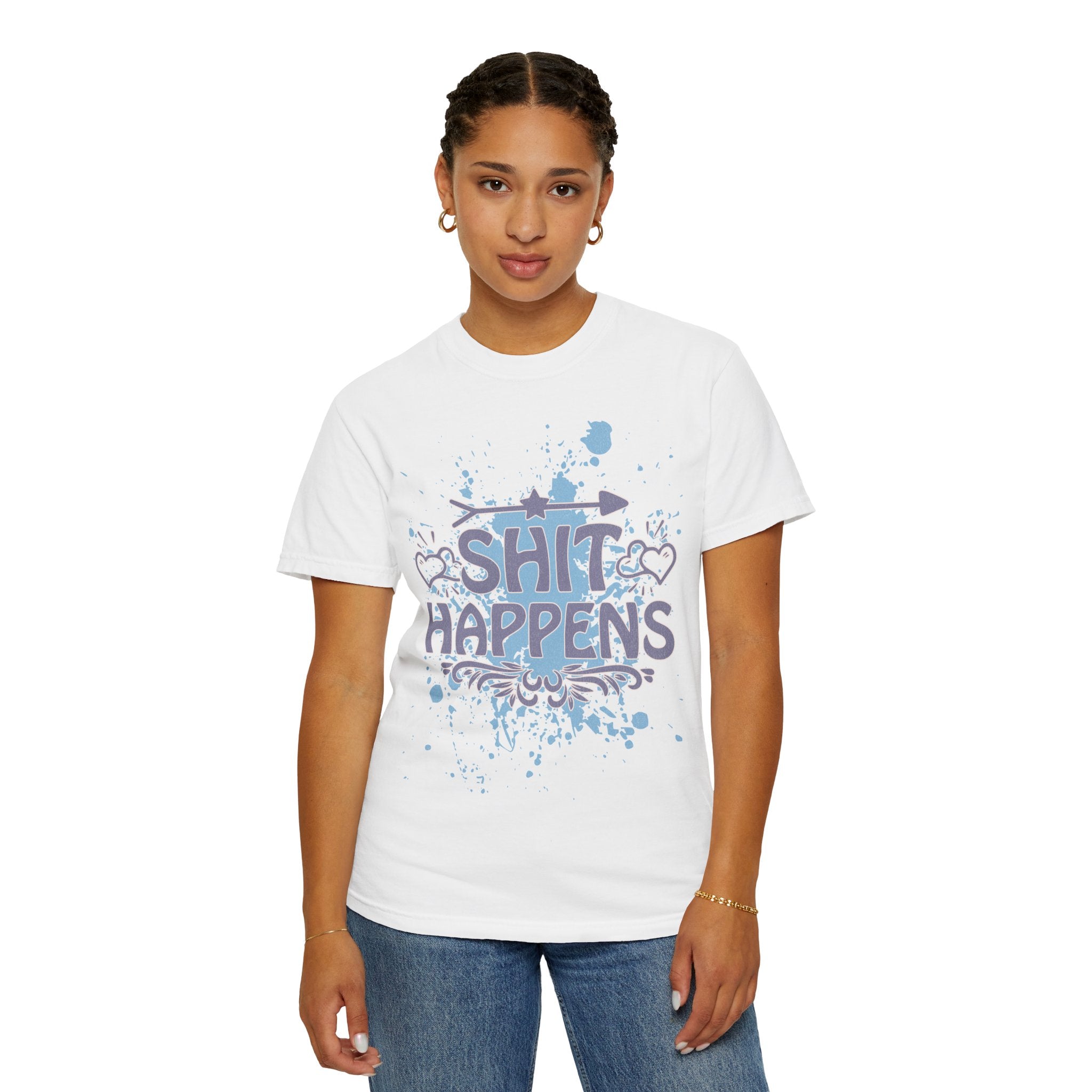 Shit Happens Graphic T-Shirt — Casual Humorous Tee with Splatter Design