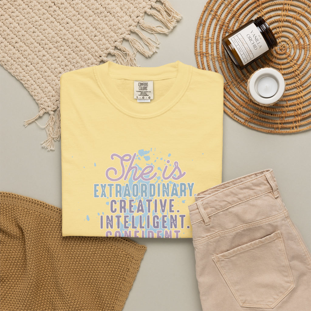 She Is Inspirational Textured Graphic T-Shirt — "She is extraordinary, creative, intelligent..."