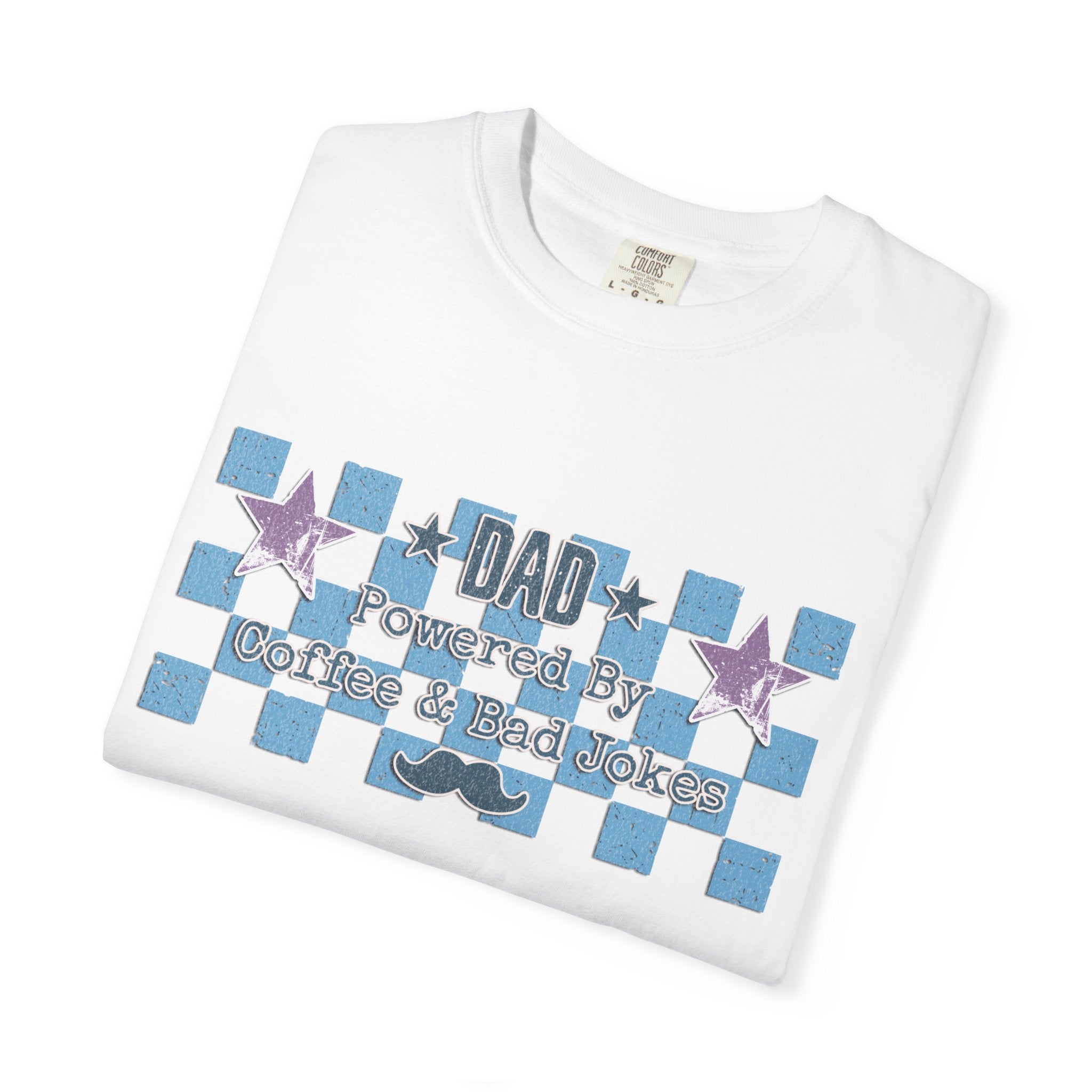 Textured Dad Powered By Coffee & Chaos T-Shirt — Retro Checkered Father's Day Tee