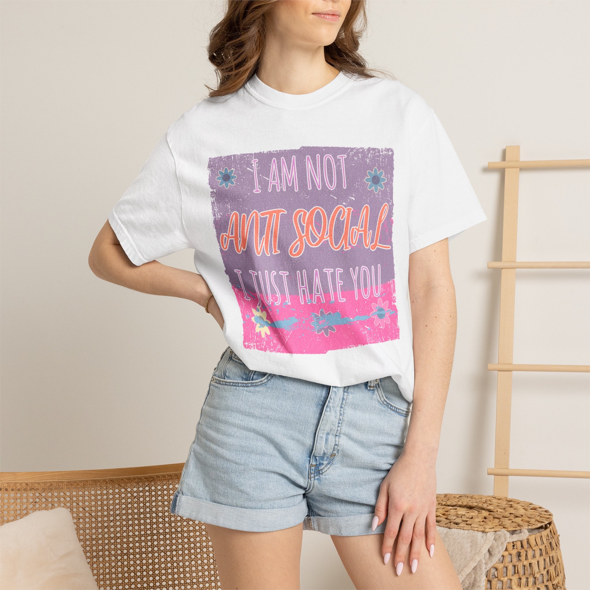 Textured Graphic T-Shirt — "I Am Not Anti Social I Just Hate You" Retro Floral Tee