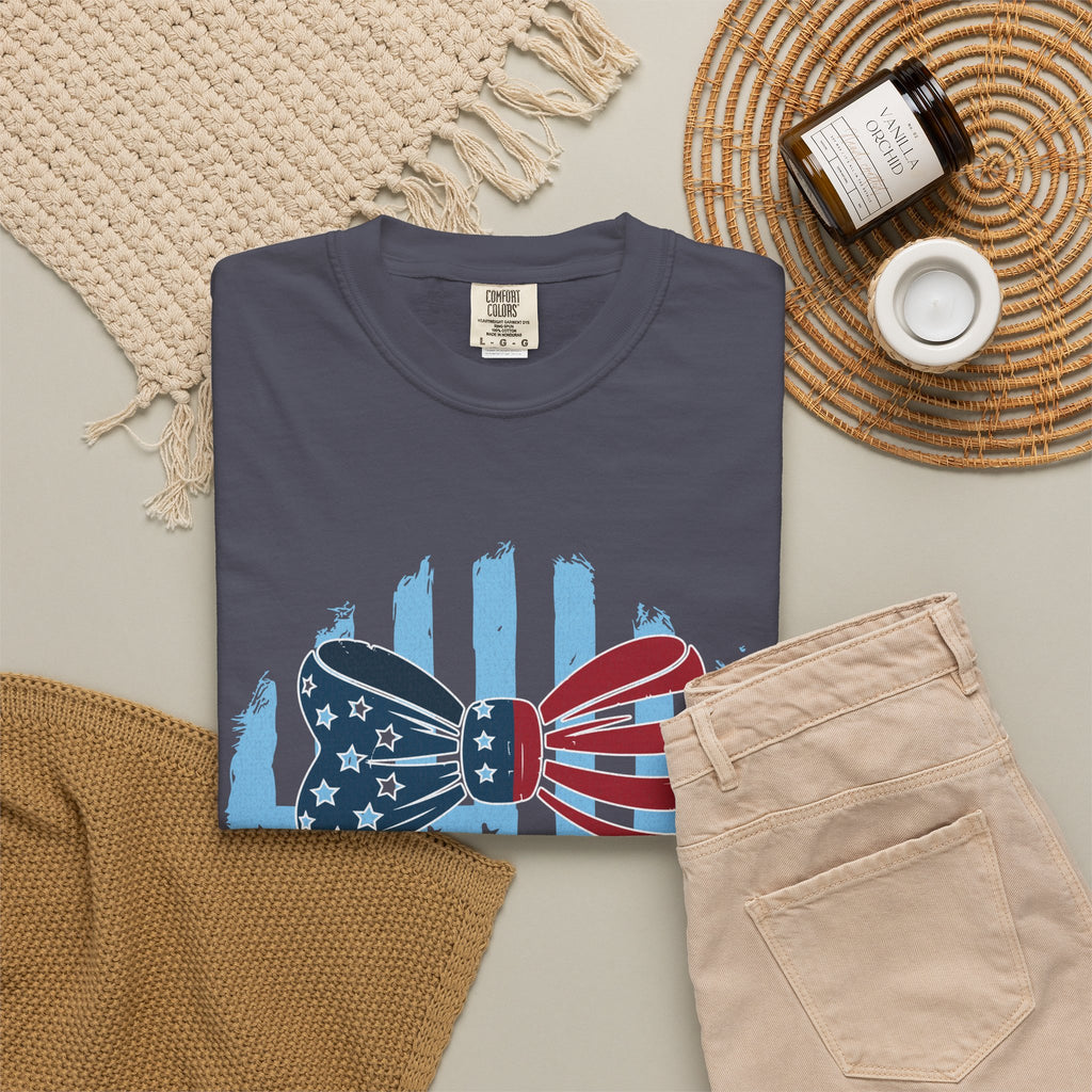 America Patriotic Bow Textured T-Shirt — USA Flag Graphic Tee for 4th of July