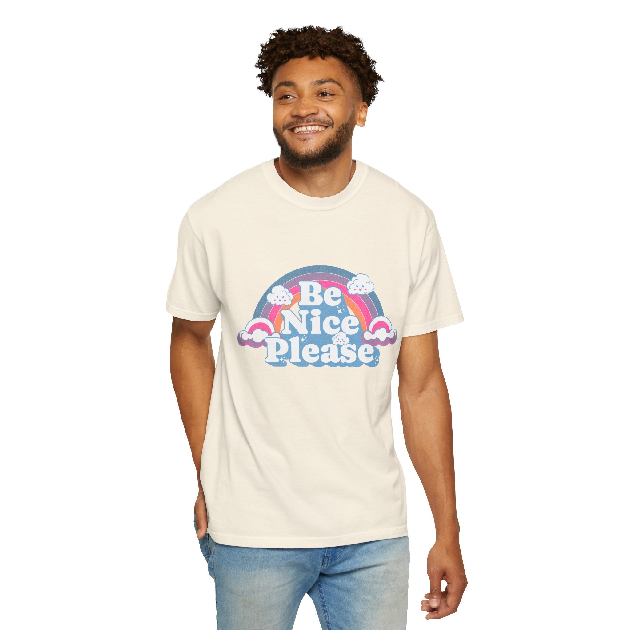 Be Nice Please Textured T-Shirt — Retro Rainbow Positive Message Tee