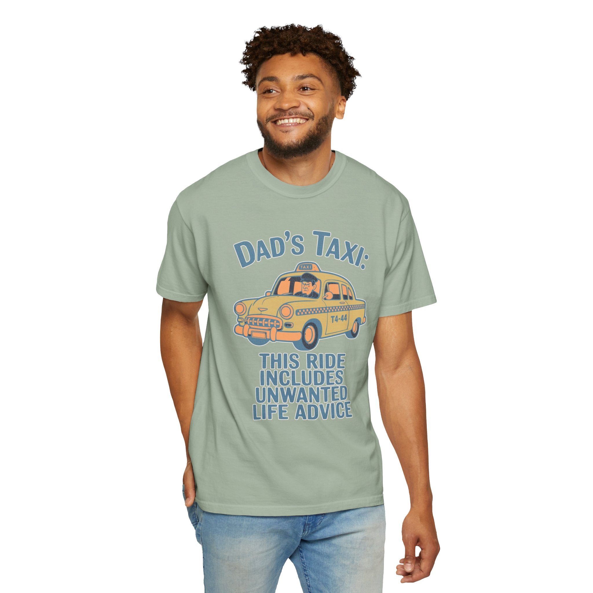 Textured Dad's Taxi T-Shirt — "This Ride Includes Unwanted Life Advice" Funny Father's Day Tee