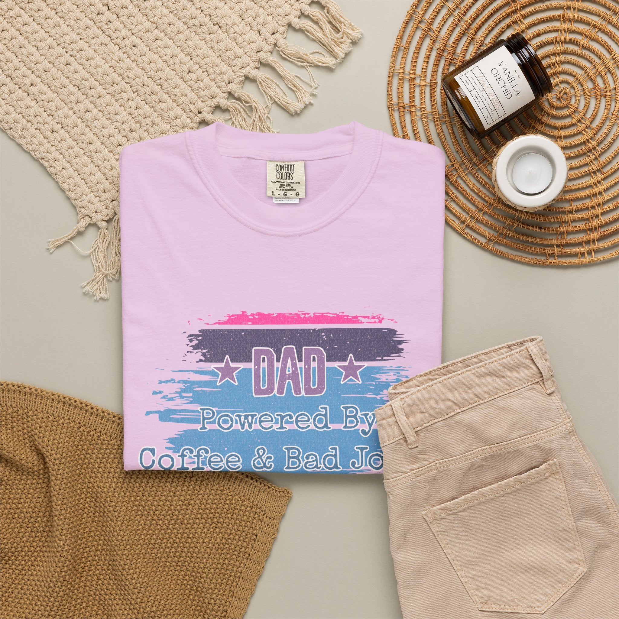 Textured Dad T-Shirt - "Powered By Coffee & Bad Jokes" Vintage Stripe Father's Day Tee