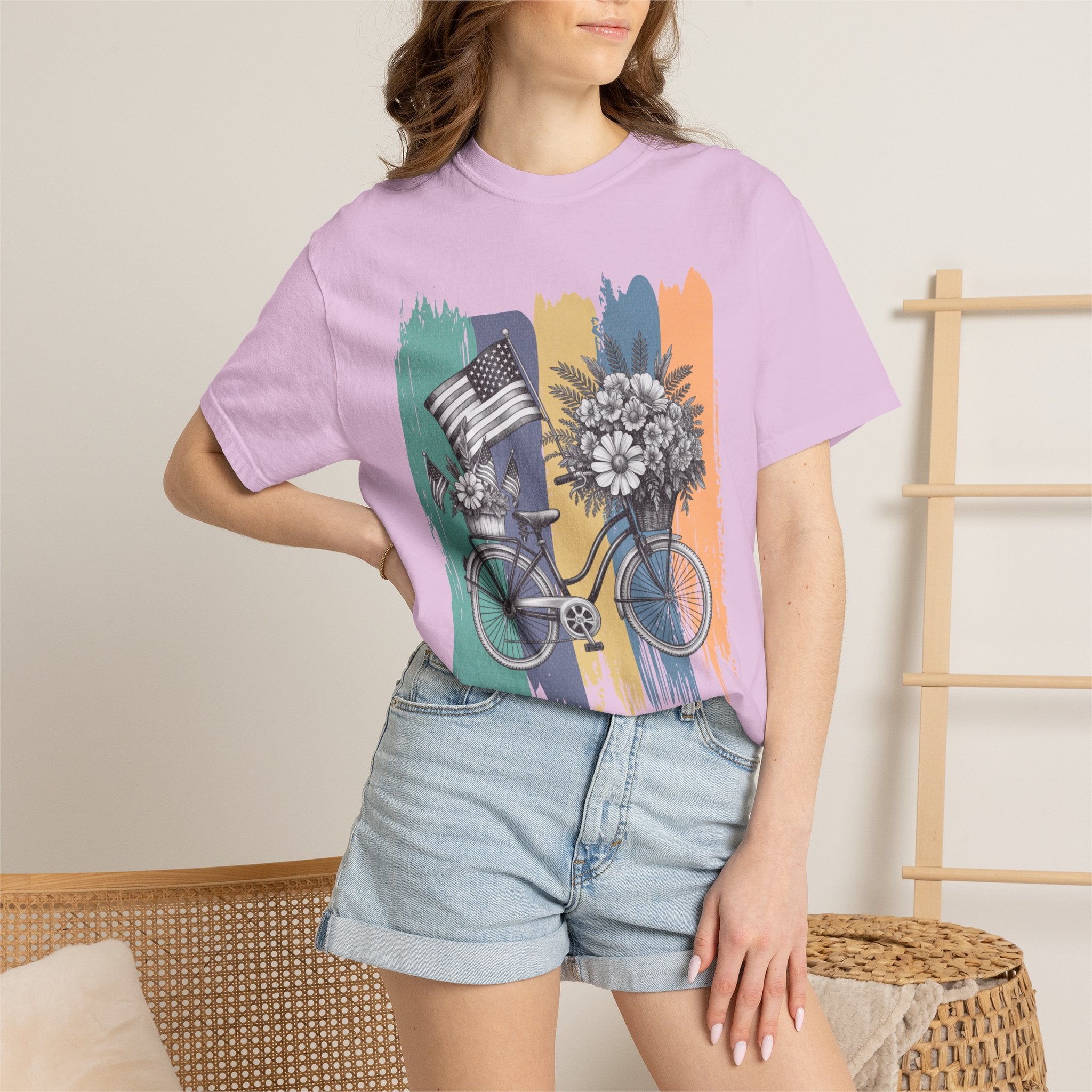 Textured Vintage Bicycle T-Shirt — Floral Basket & American Flag Graphic