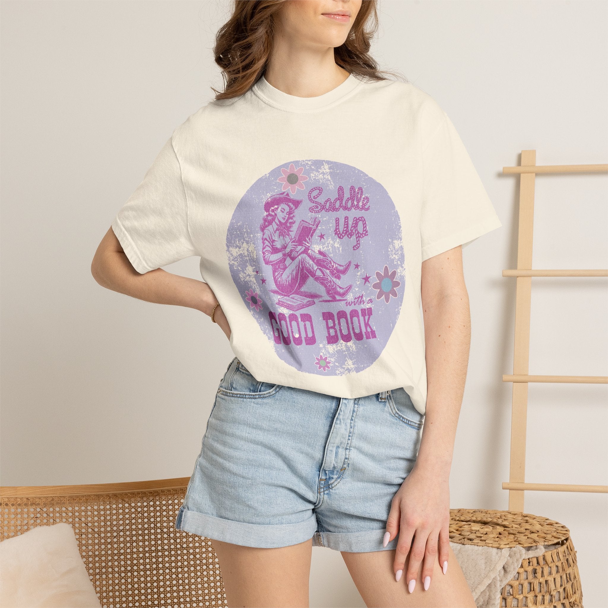 Textured T-Shirt — “Saddle Up Good Book” Retro Western Graphic Tee