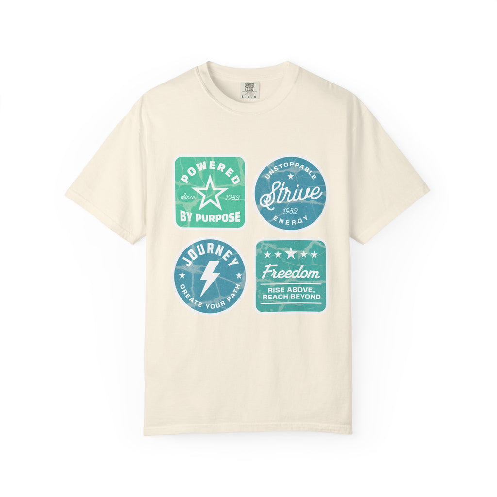 Motivational Badge Graphic Textured T-Shirt — "Powered by Purpose, Strive, Journey, Freedom"