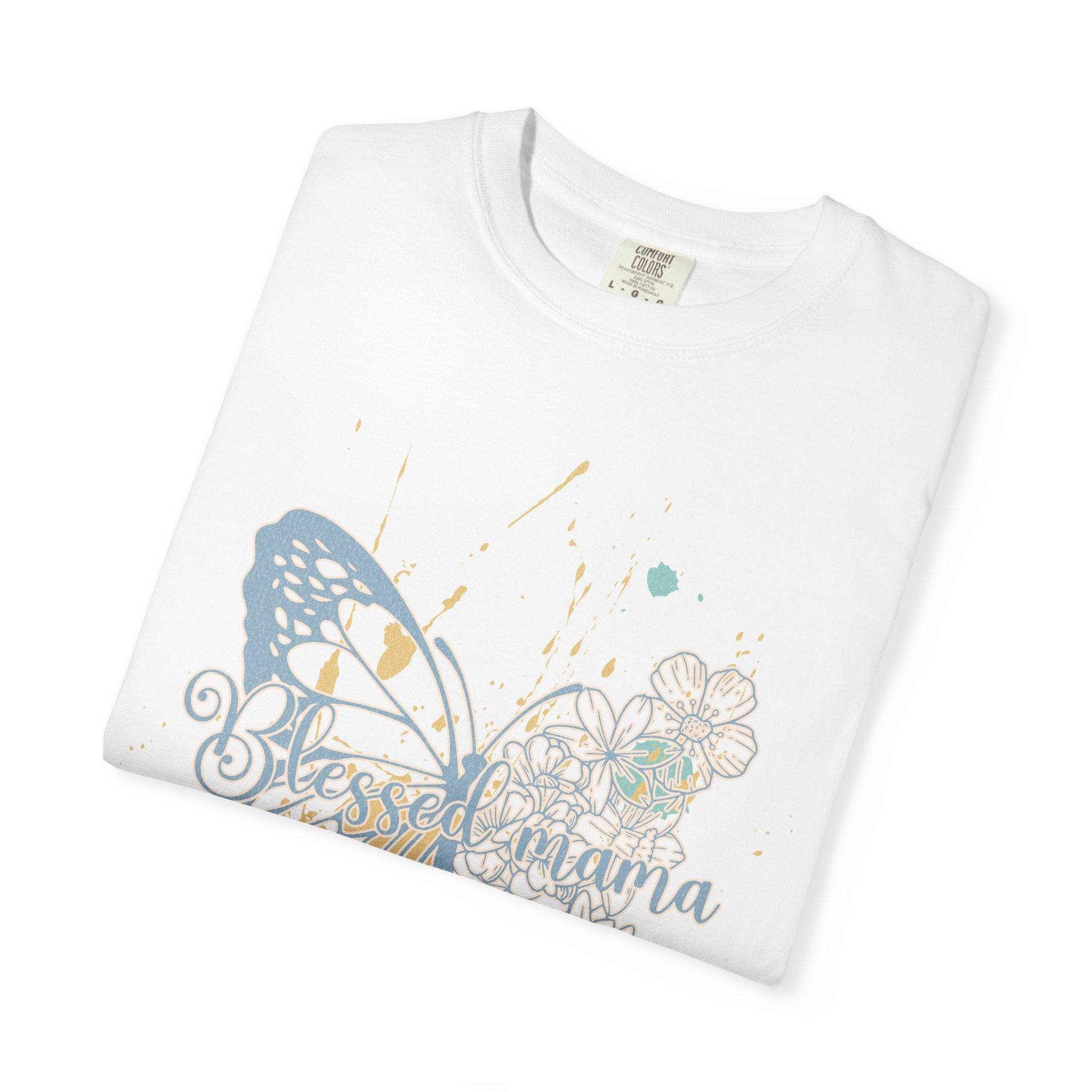 Retro Butterfly Blessed Mama Tee —Textured Serene Aqua Nature Graphic