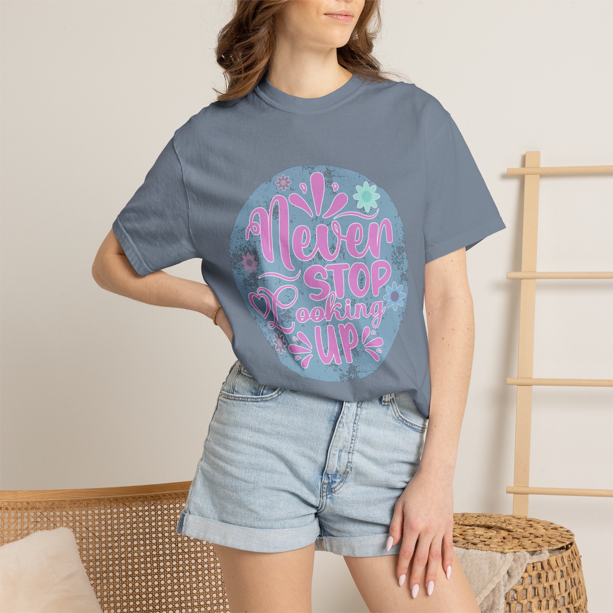 Textured T-Shirt — "Never Stop Looking Up" Inspirational Graphic Tee