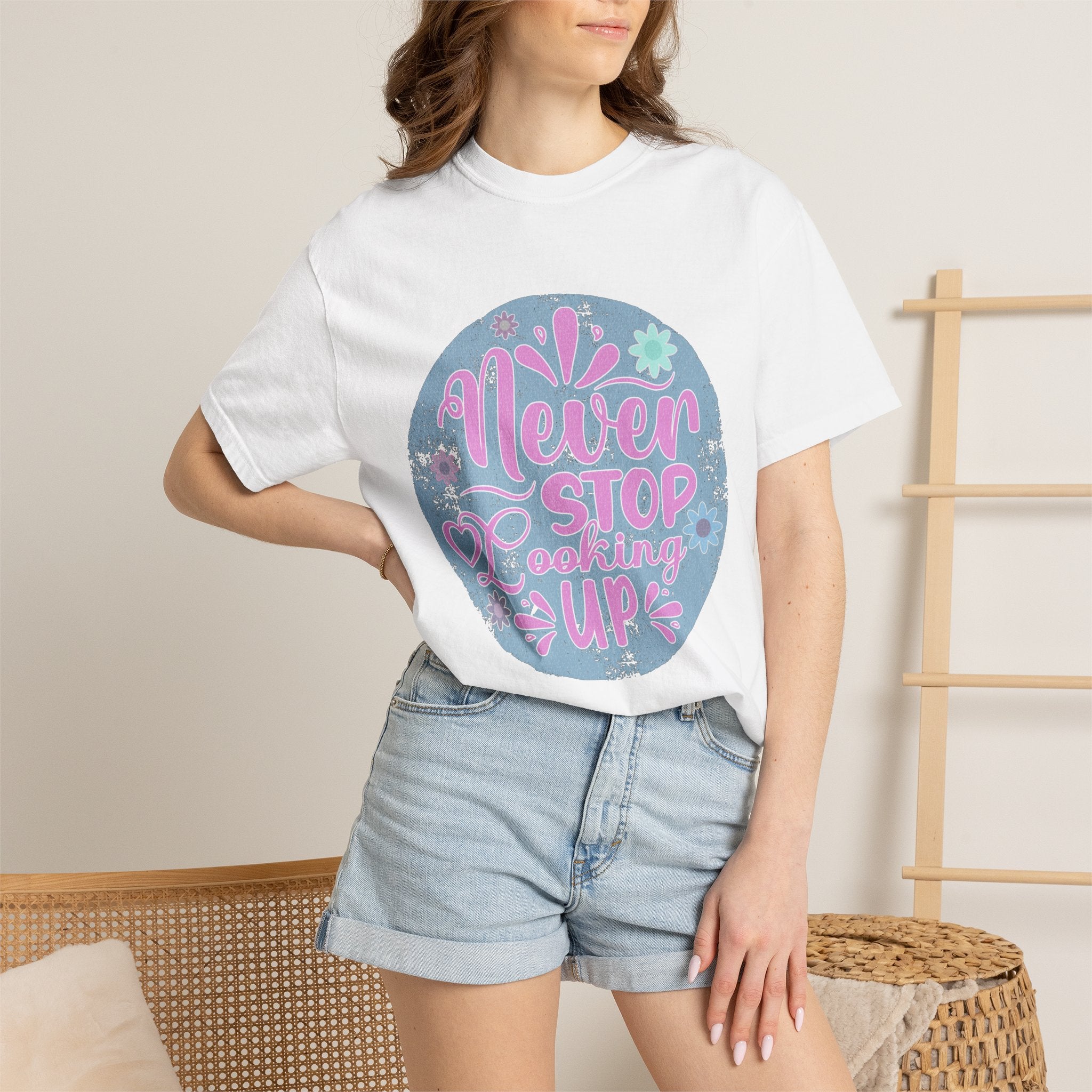 Textured T-Shirt — "Never Stop Looking Up" Inspirational Graphic Tee