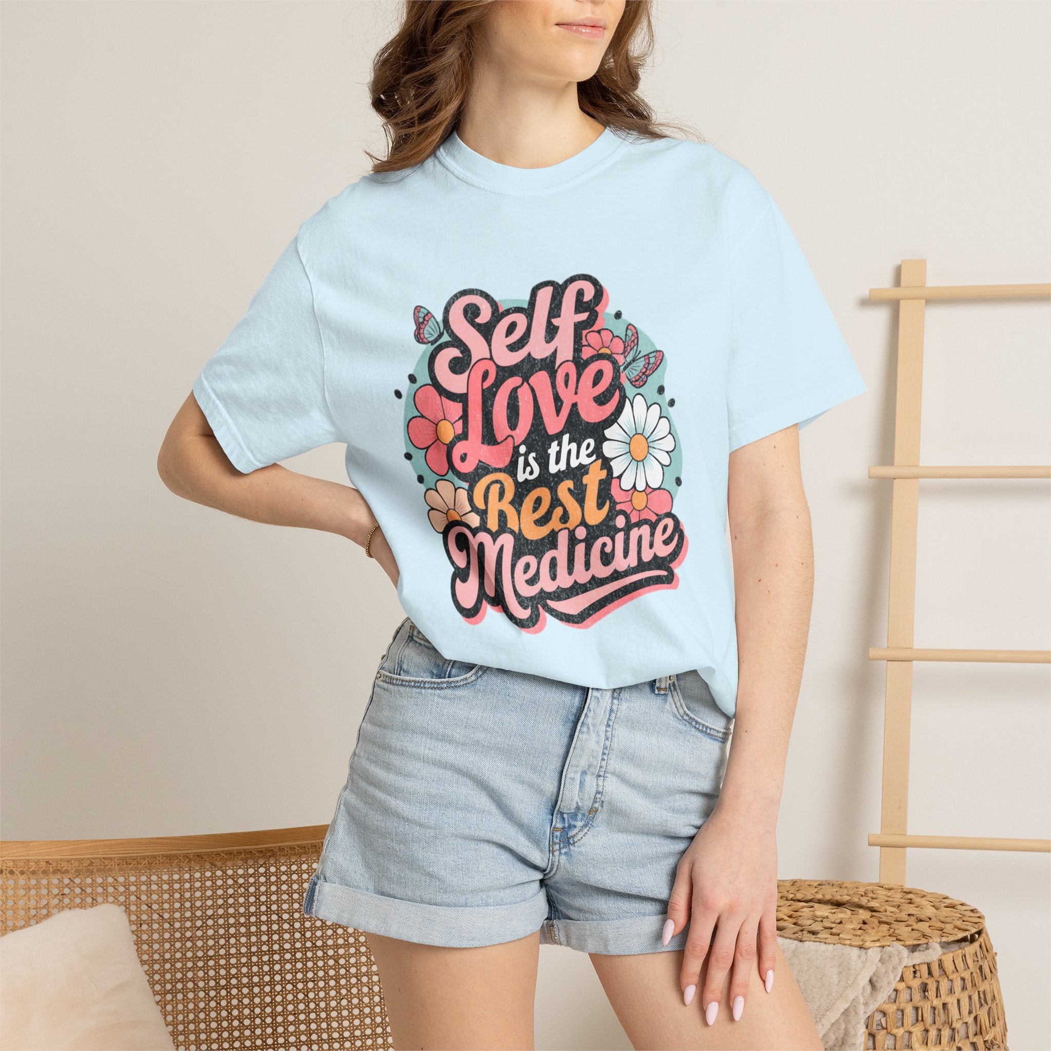 Self Love is the Best Medicine T-Shirt |Textured Floral Script Mental Health Design