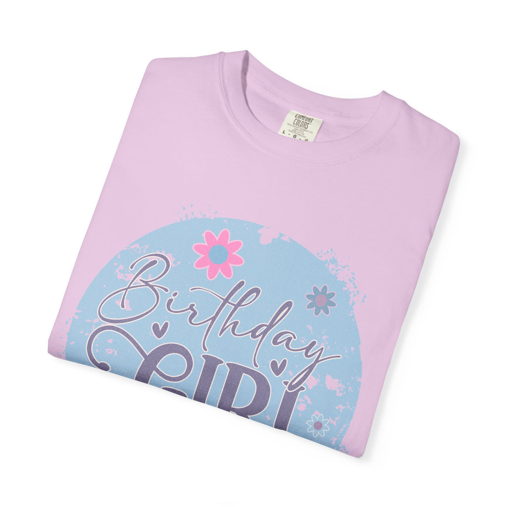 Birthday Girl Textured T-Shirt — Floral Blue Circle Graphic