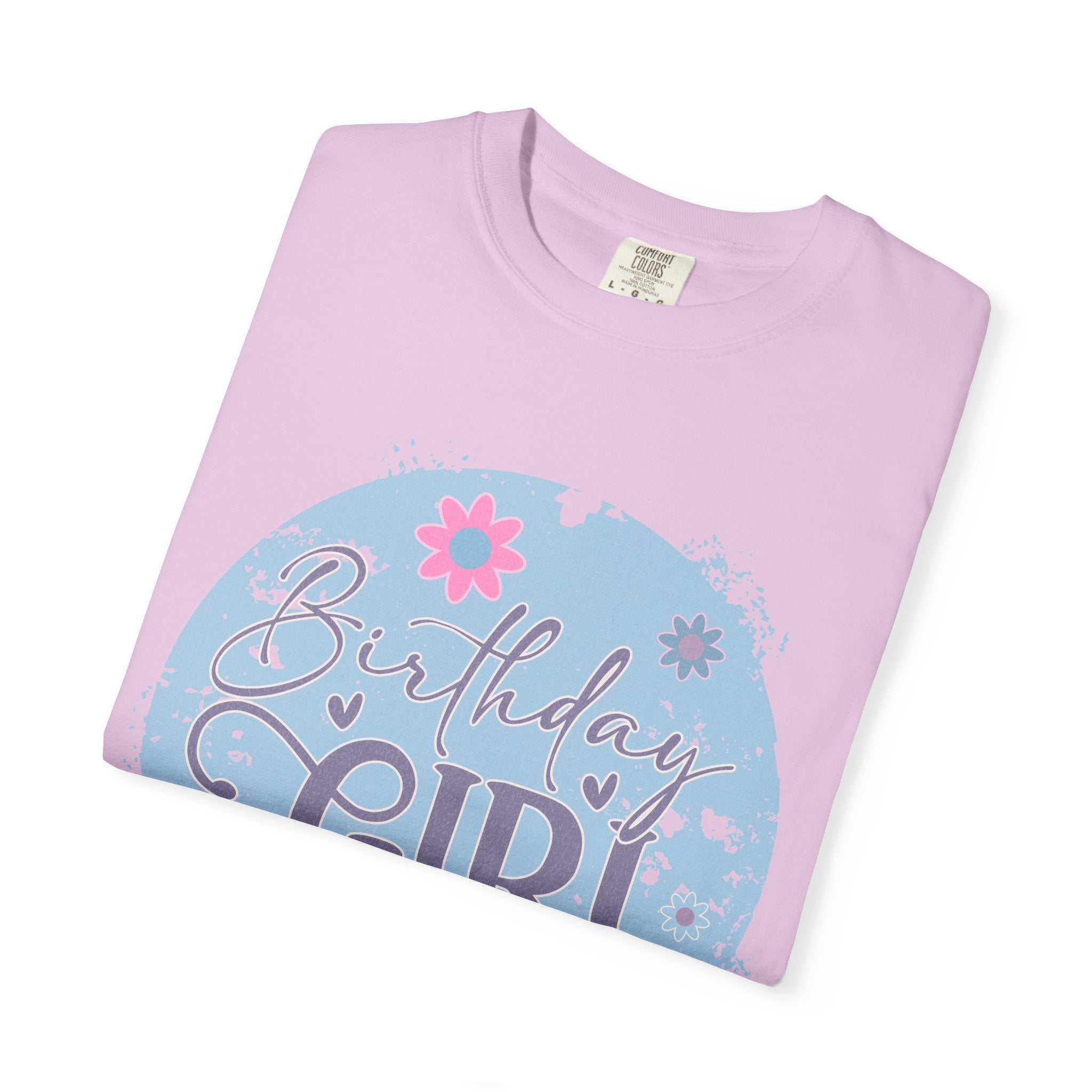 Birthday Girl Textured T-Shirt — Floral Blue Circle Graphic