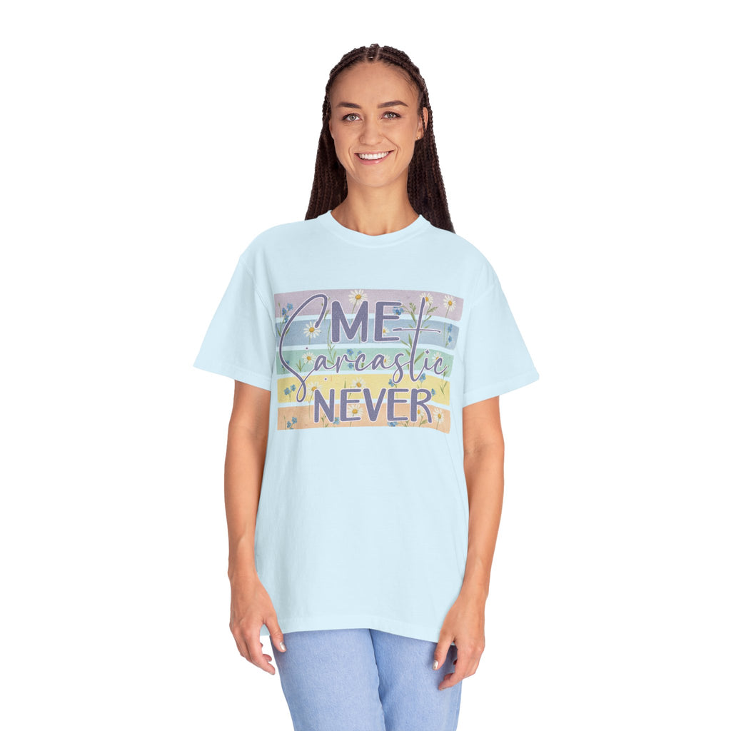 Textured Sarcastic Never T-Shirt — Pastel Striped 'Me? Sarcastic? Never' Graphic Tee