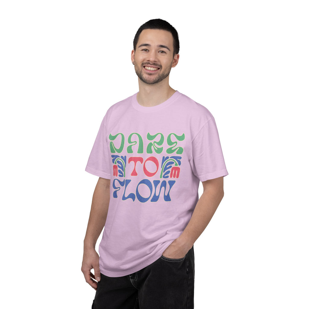 Dare To Flow T-Shirt | Textured Retro Groovy Typography, Colorful Wave Design