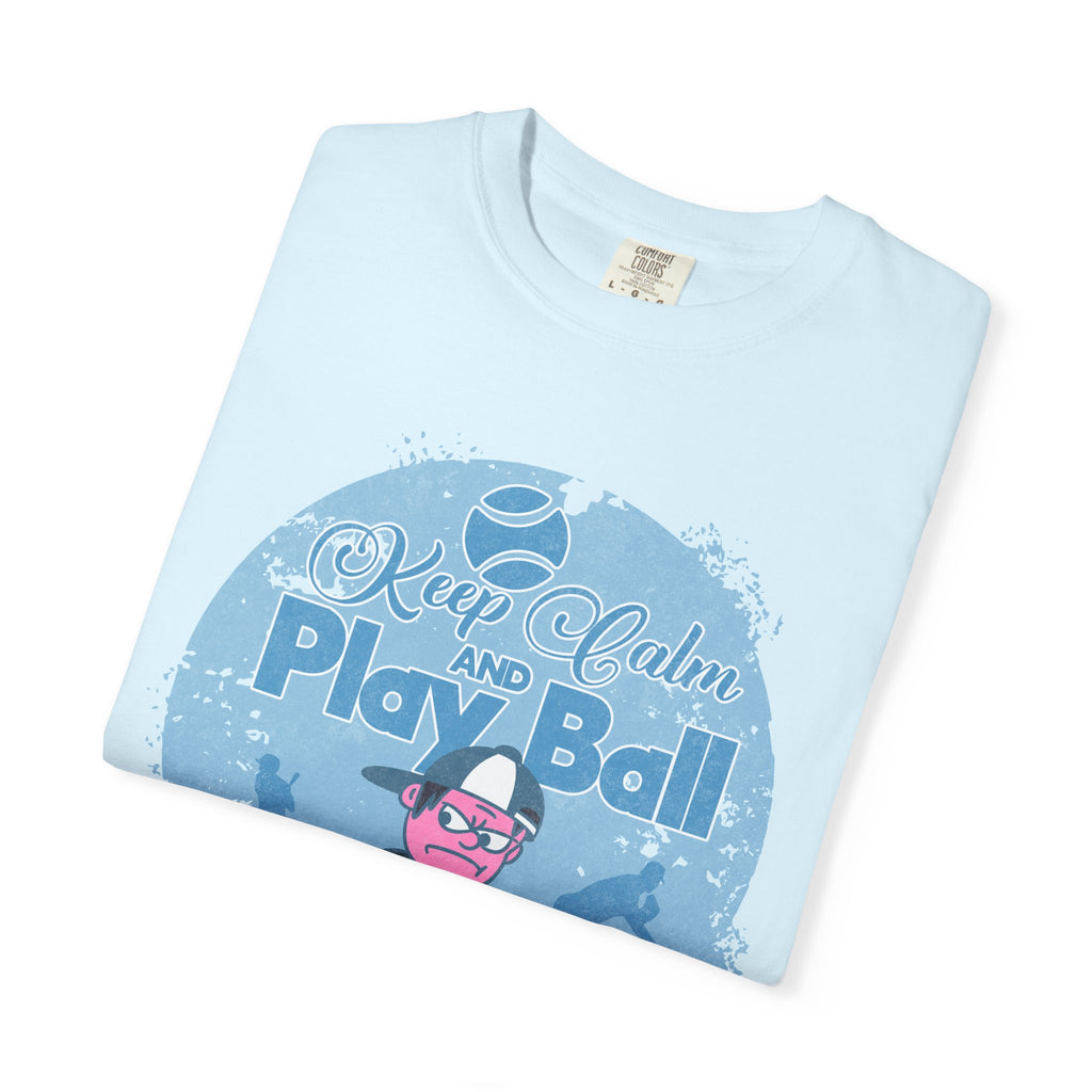 Textured Keep Calm and Play Ball Baseball T-Shirt — Cute Mascot Sports Tee for Kids & Fans