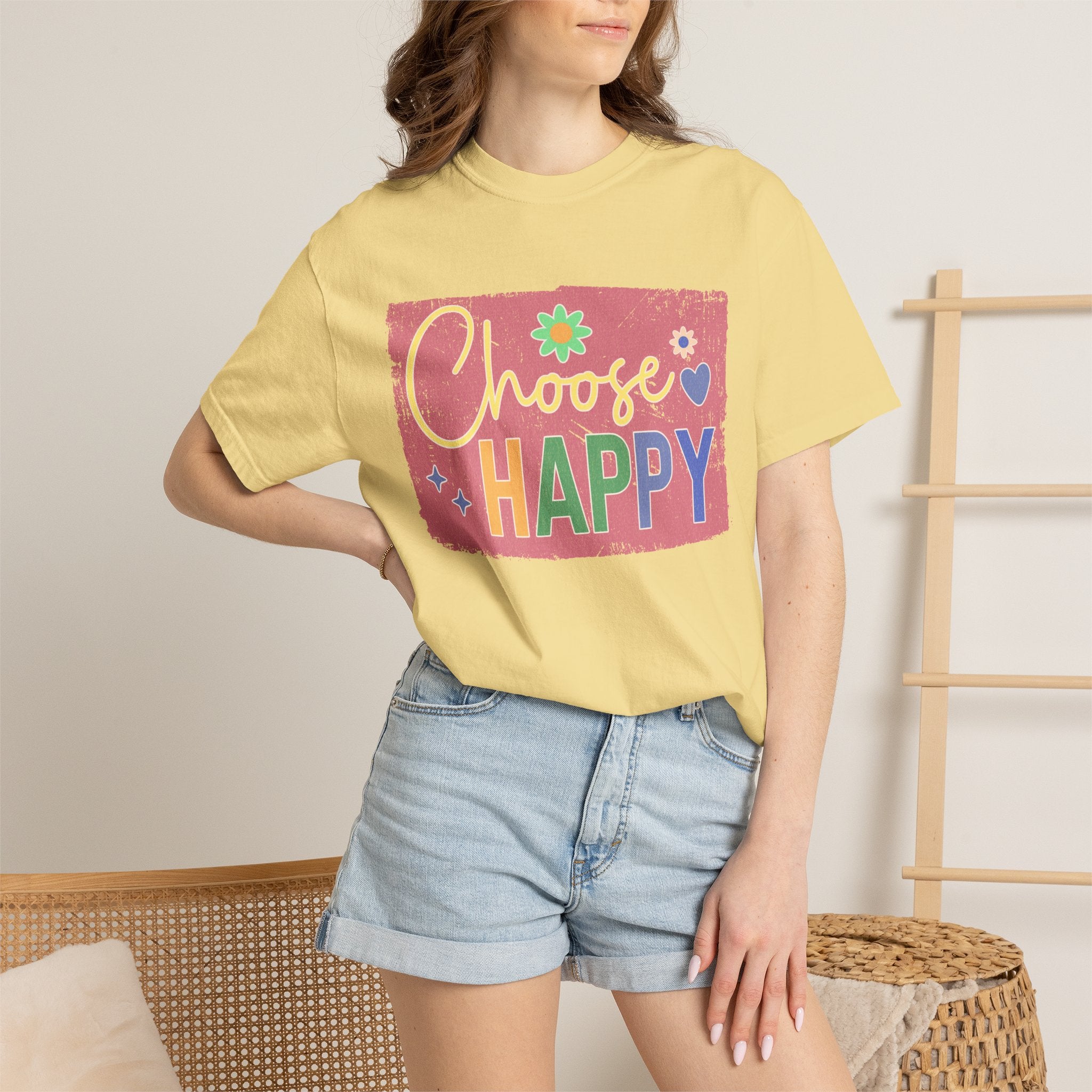 Choose Happy Textured T-Shirt – Retro Floral Positive Vibes Tee