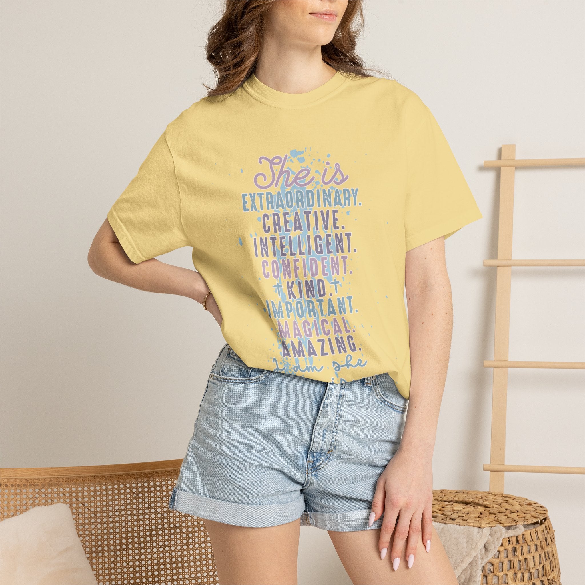 She Is Inspirational Textured Graphic T-Shirt — "She is extraordinary, creative, intelligent..."