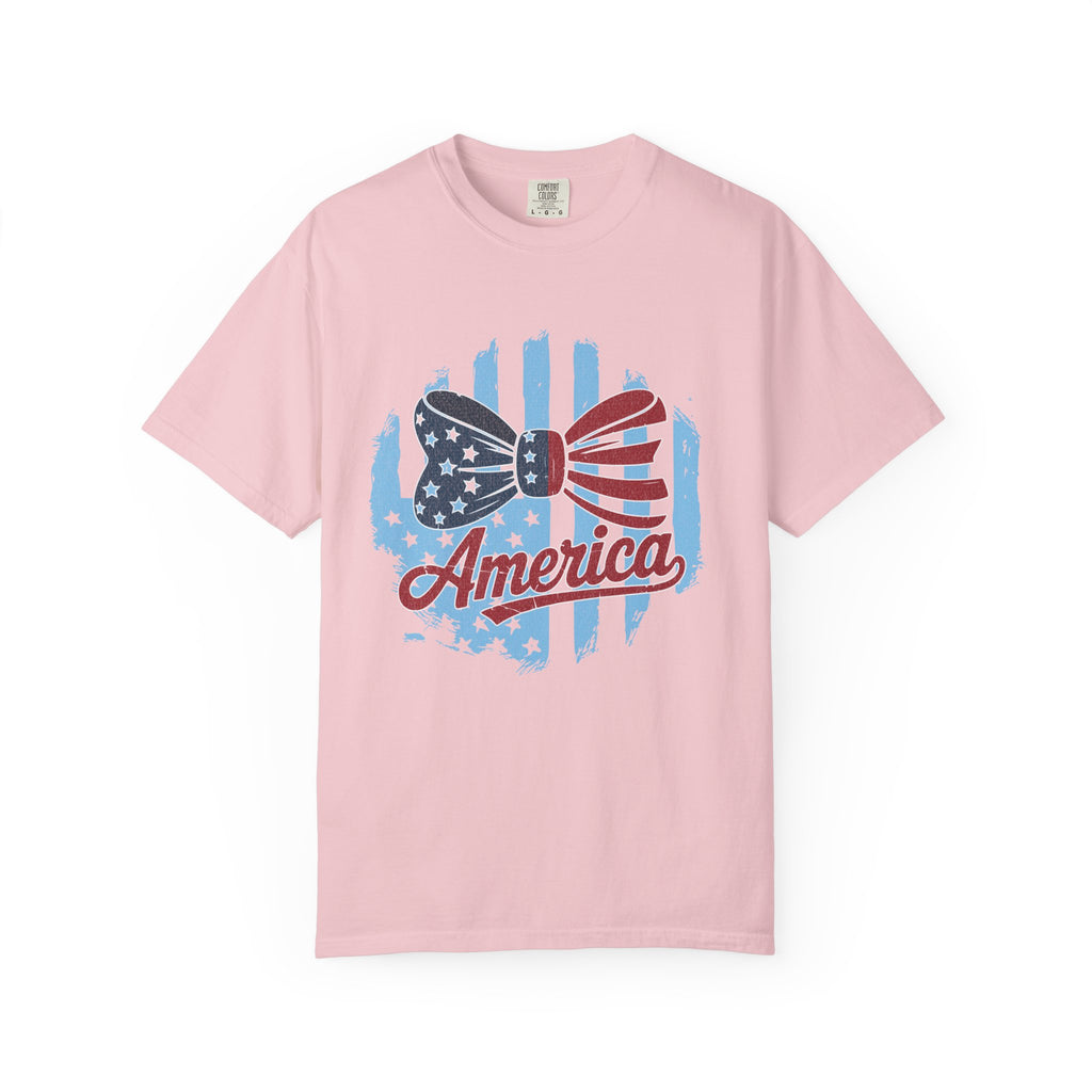 America Patriotic Bow Textured T-Shirt — USA Flag Graphic Tee for 4th of July