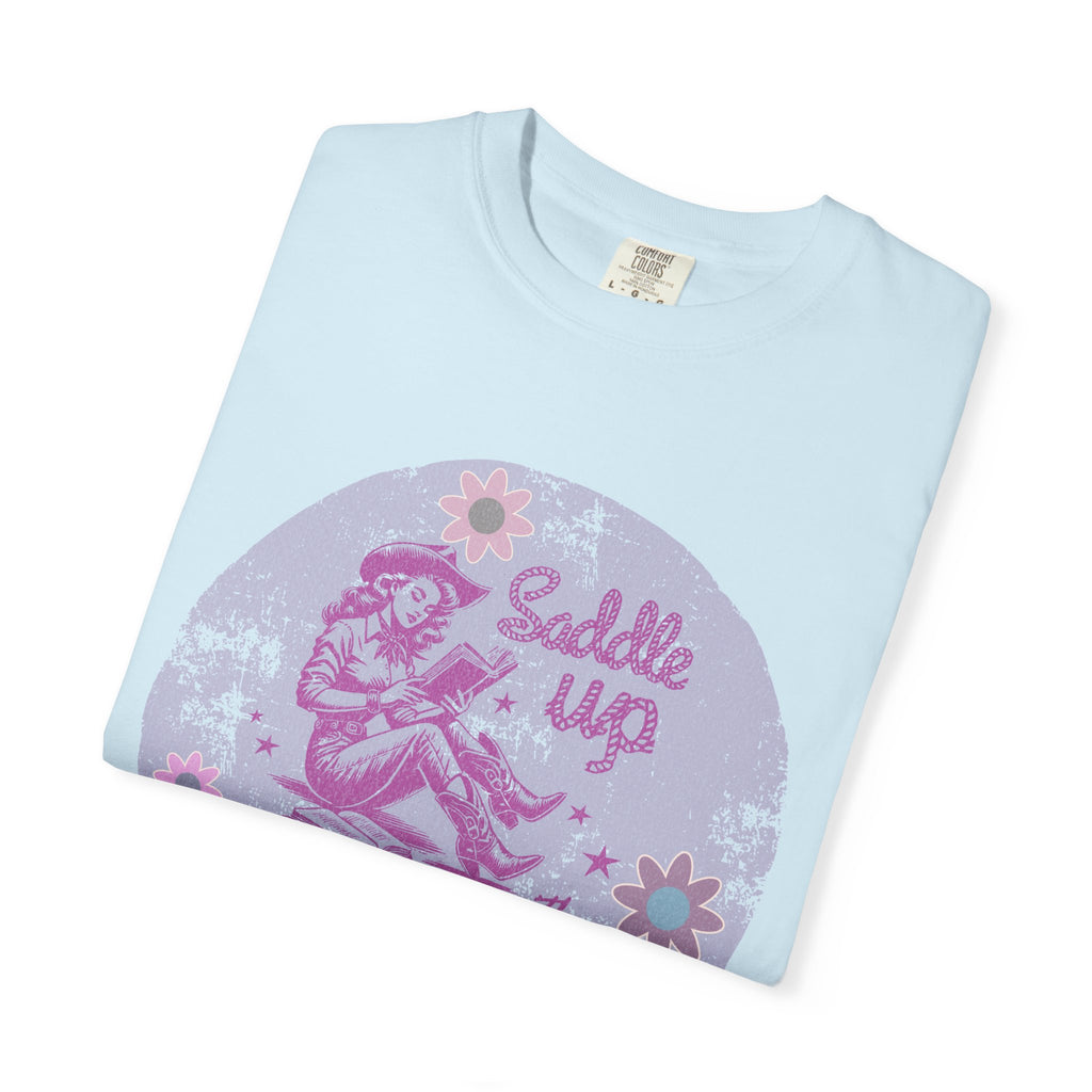 Textured T-Shirt — “Saddle Up Good Book” Retro Western Graphic Tee
