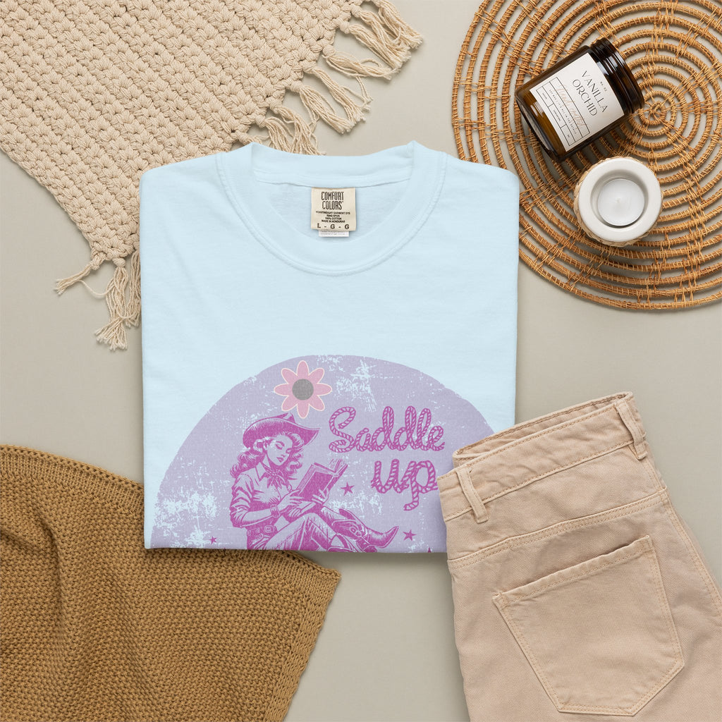 Textured T-Shirt — “Saddle Up Good Book” Retro Western Graphic Tee
