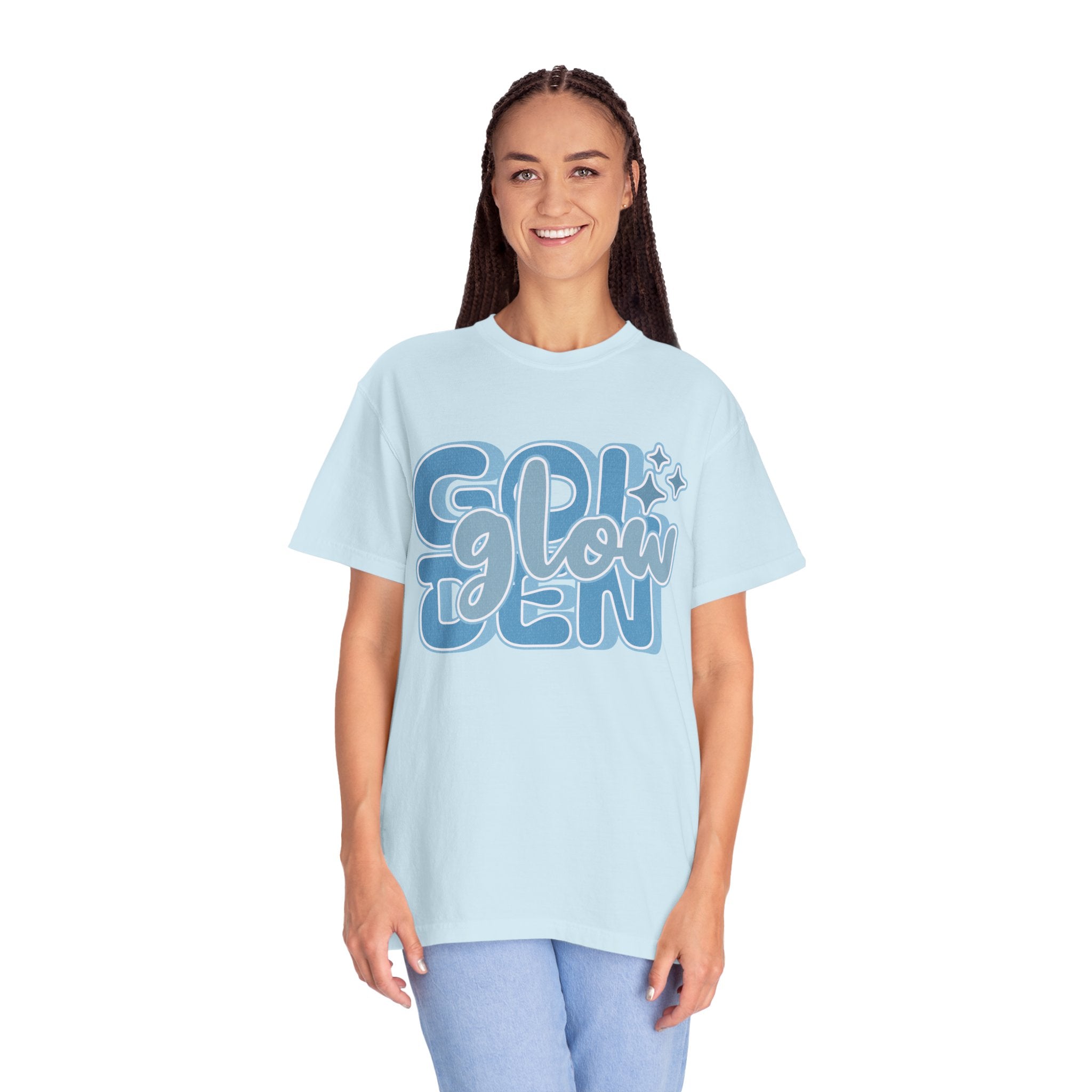 Golden Glow Textured  T‑Shirt — Retro Blue Script Graphic Tee