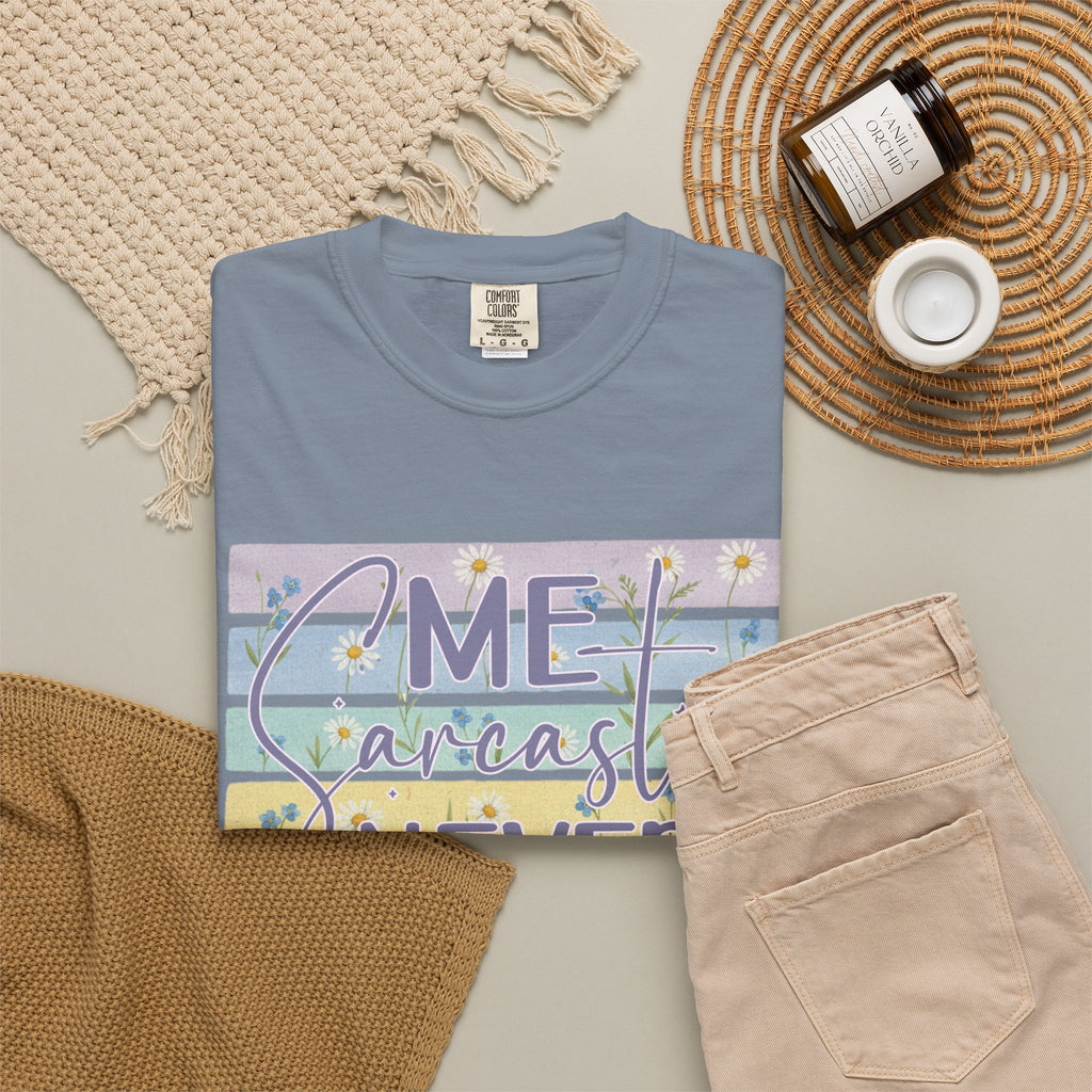 Textured Sarcastic Never T-Shirt — Pastel Striped 'Me? Sarcastic? Never' Graphic Tee