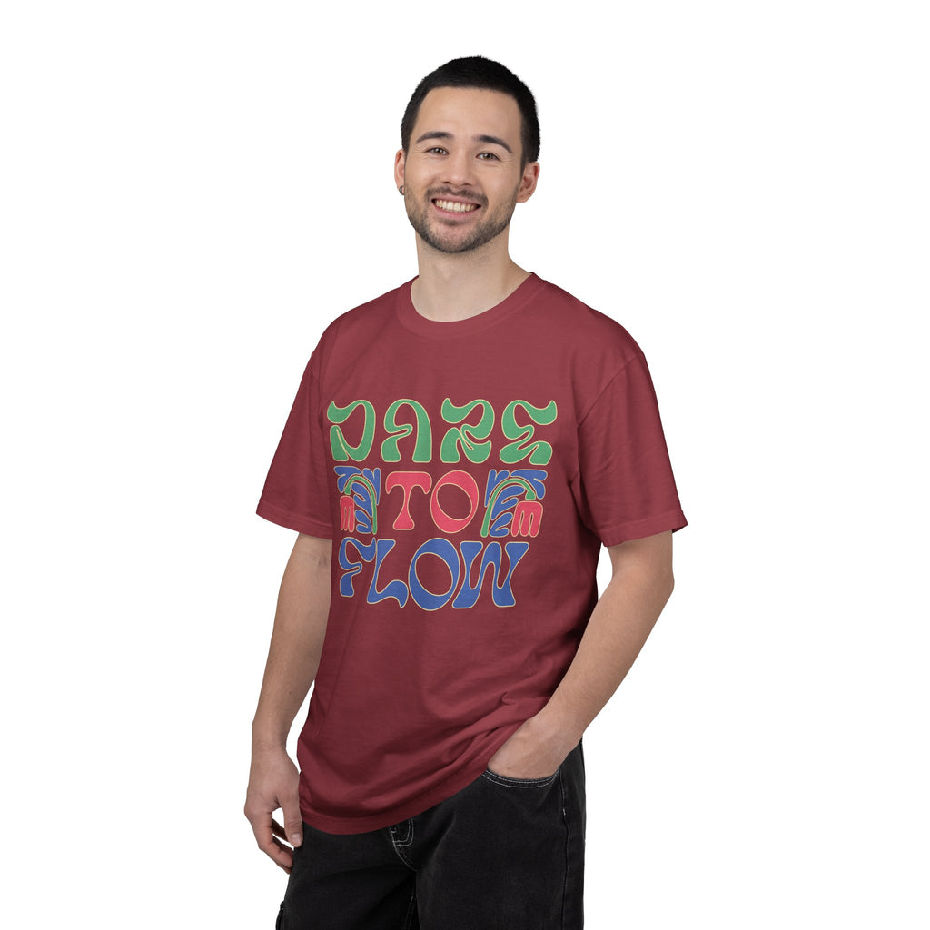 Dare To Flow T-Shirt | Textured Retro Groovy Typography, Colorful Wave Design
