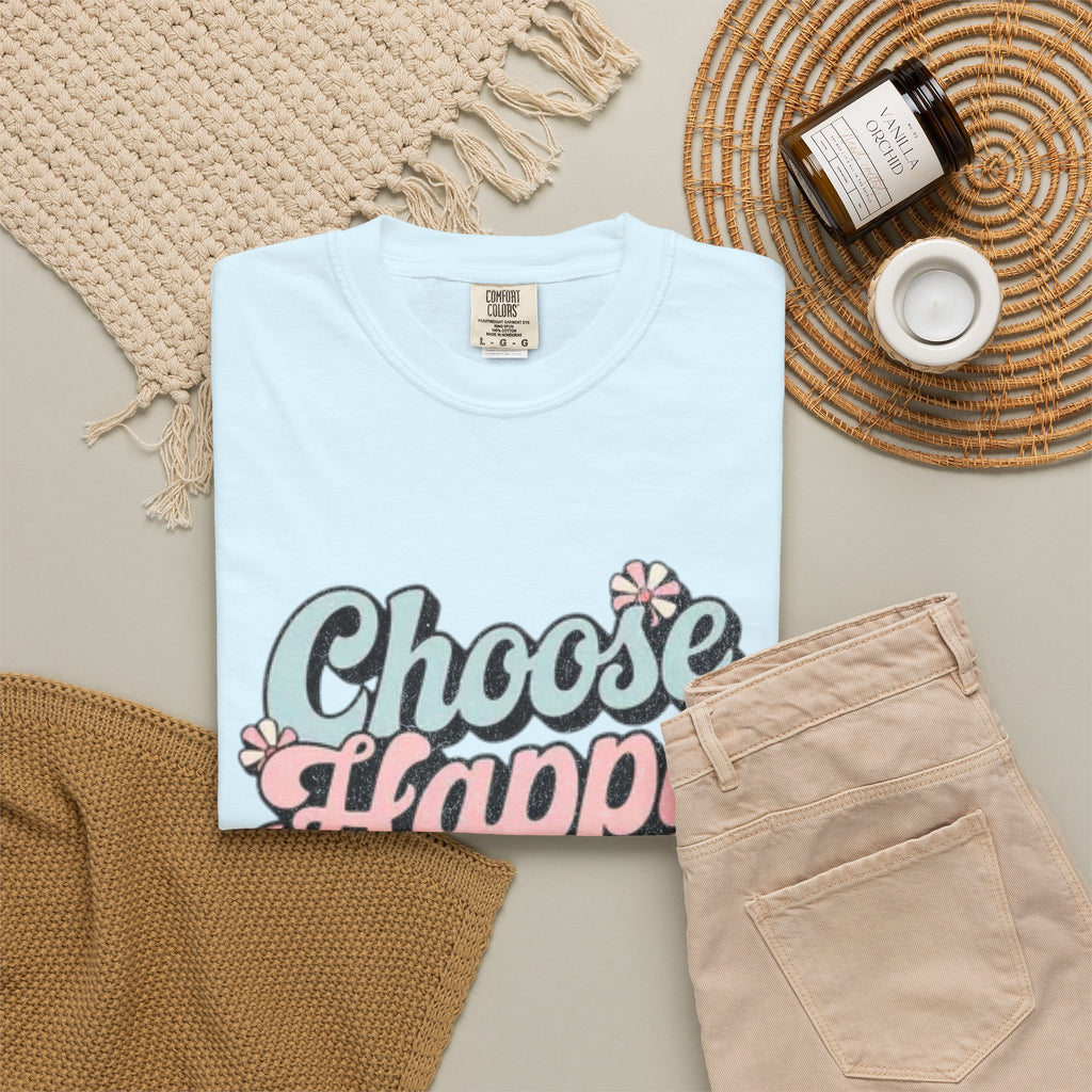 Choose Happy retro script shirt | Textured Positive message tee, pastel floral design