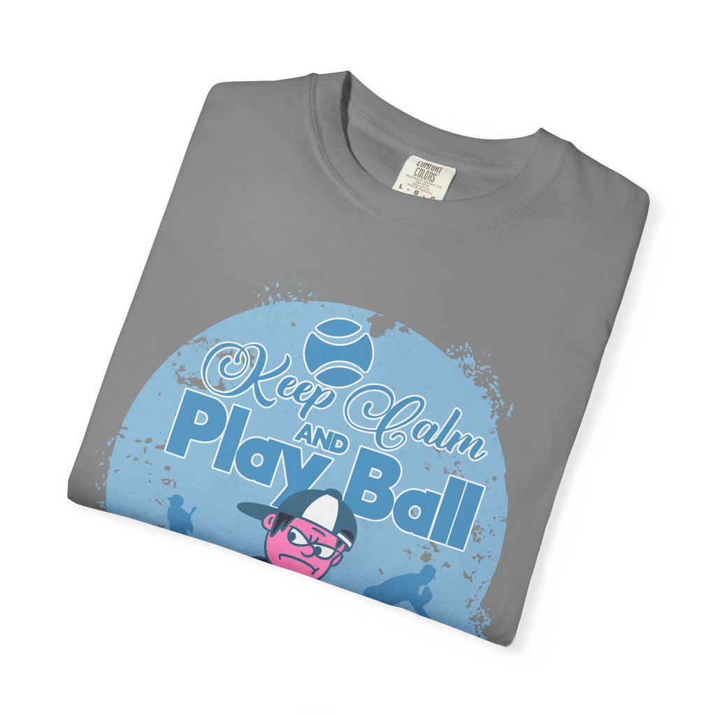 Textured Keep Calm and Play Ball Baseball T-Shirt — Cute Mascot Sports Tee for Kids & Fans