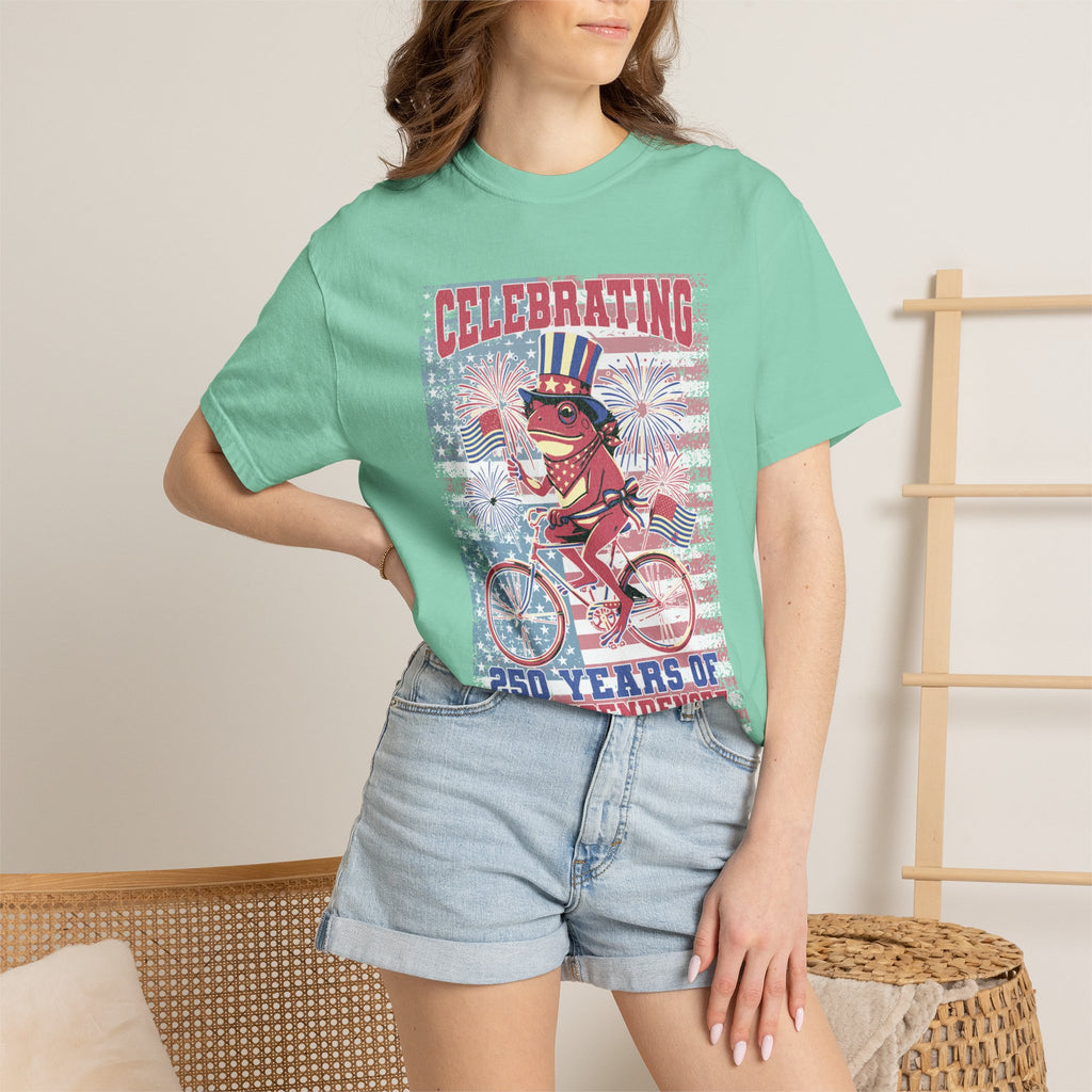 Textured Independence Day Dog on Bike T-Shirt — "Celebrating 250 Years of Independence" Patriotic Tee