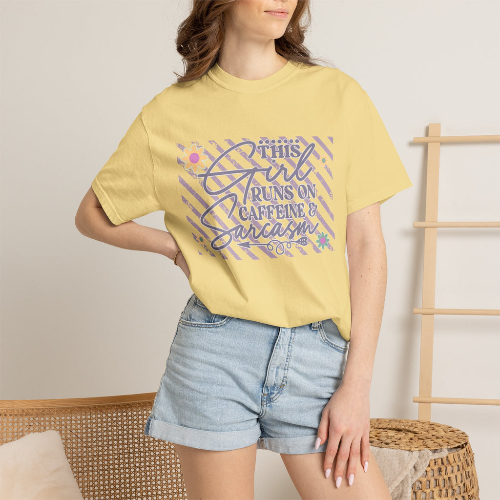 This Girl Runs On Caffeine & Sarcasm  — Textured Women's Graphic T-Shirt