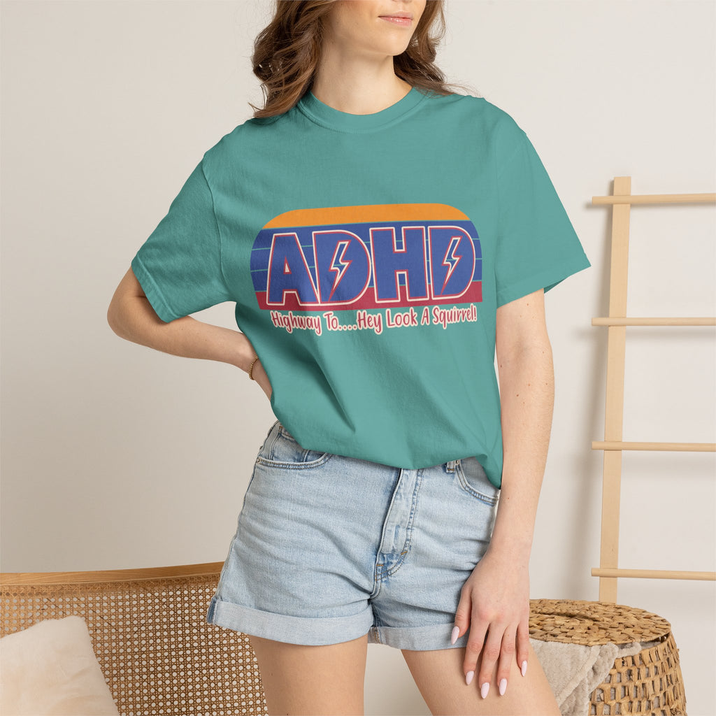 ADHD Retro Stripe T-Shirt — "Highway To... Hey Look A Squirrel" Graphic Tee