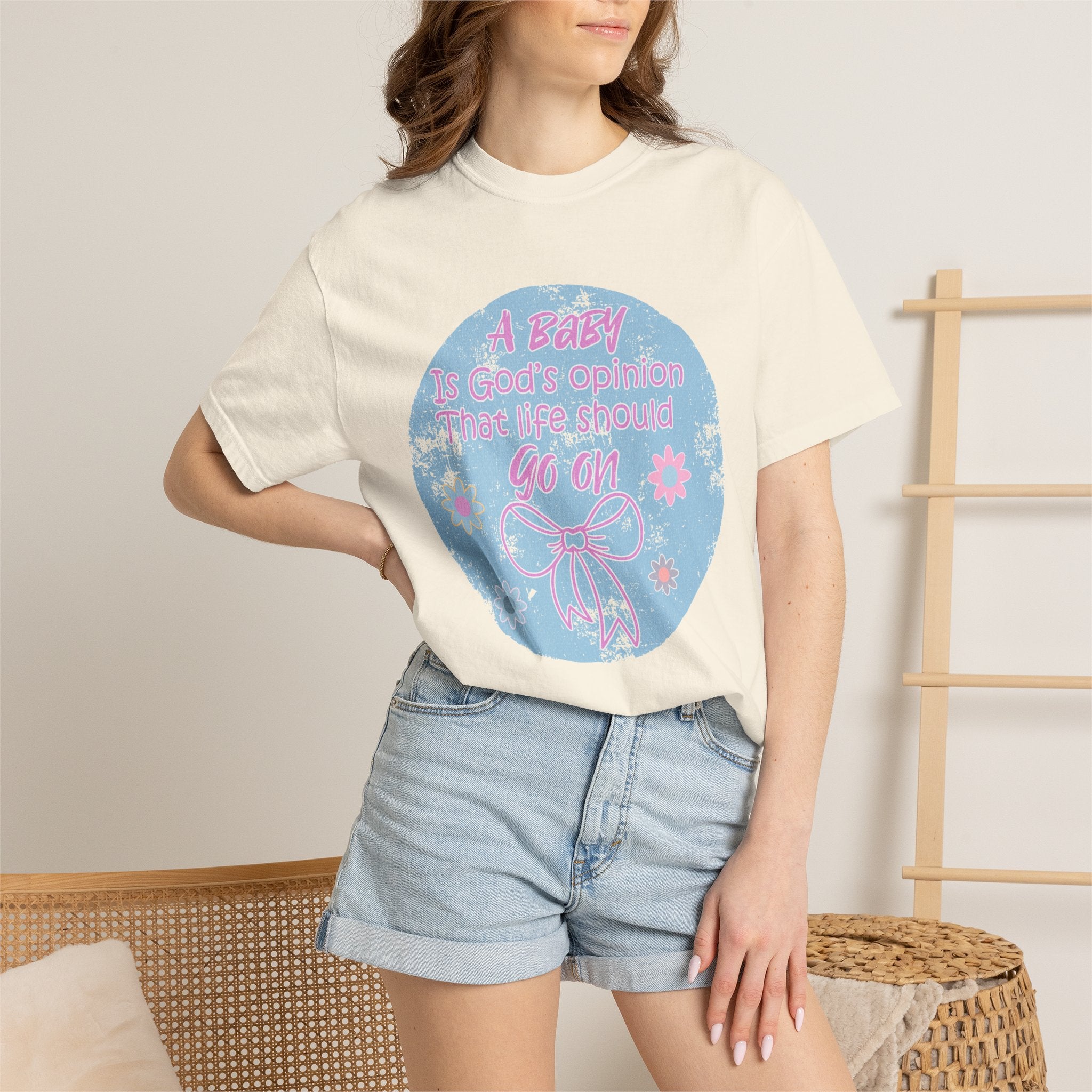 Textured T-Shirt — "A Baby is God’s Opinion That the World Should Go On" Pastel Floral Design