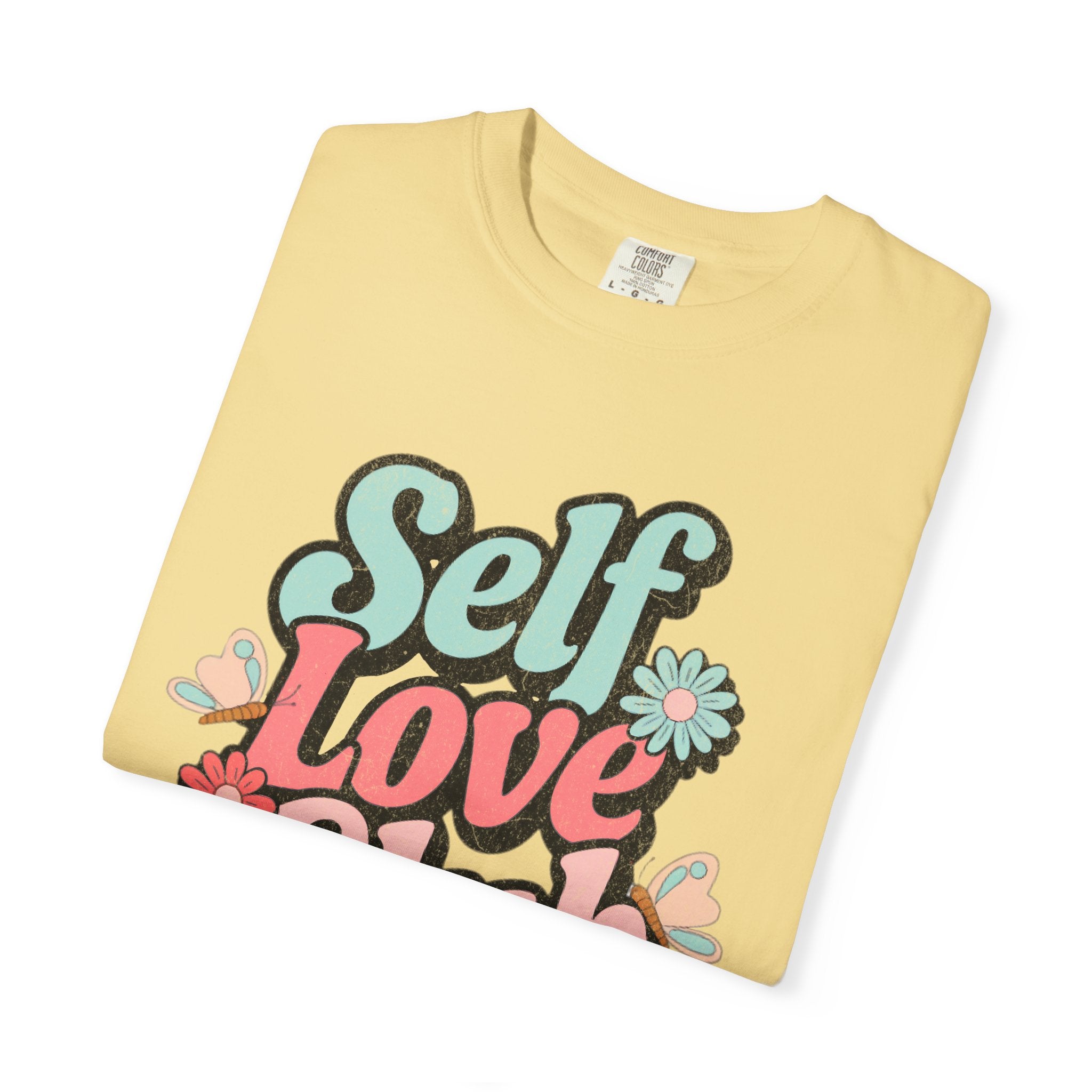Self Love Club T-shirt | Textured Retro Floral Typography, Pastel 70s Vibe