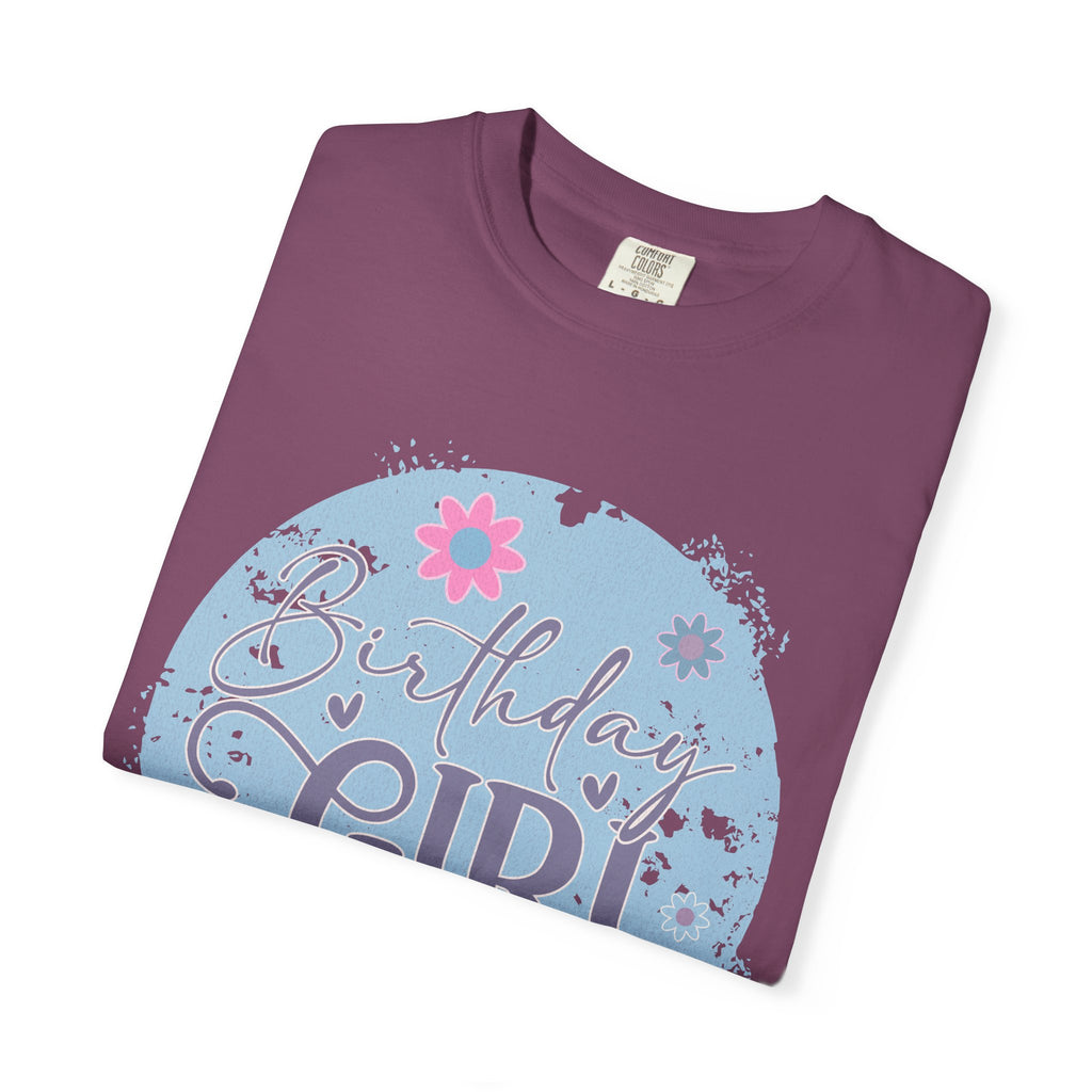 Birthday Girl Textured T-Shirt — Floral Blue Circle Graphic