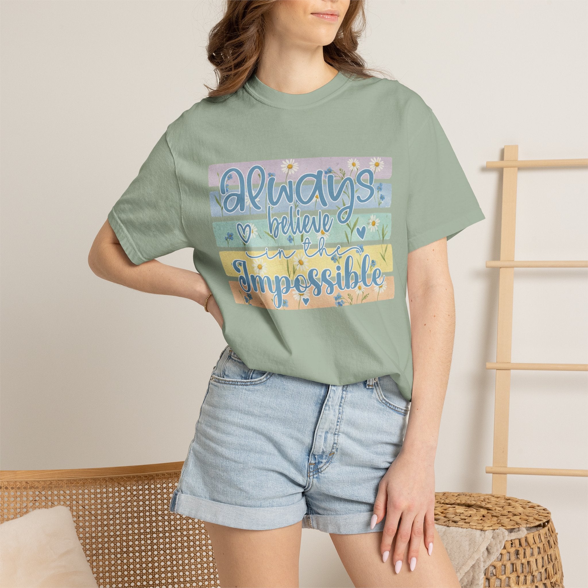 Textured T-Shirt — "Always Believe the Impossible" Pastel Inspirational Graphic Tee