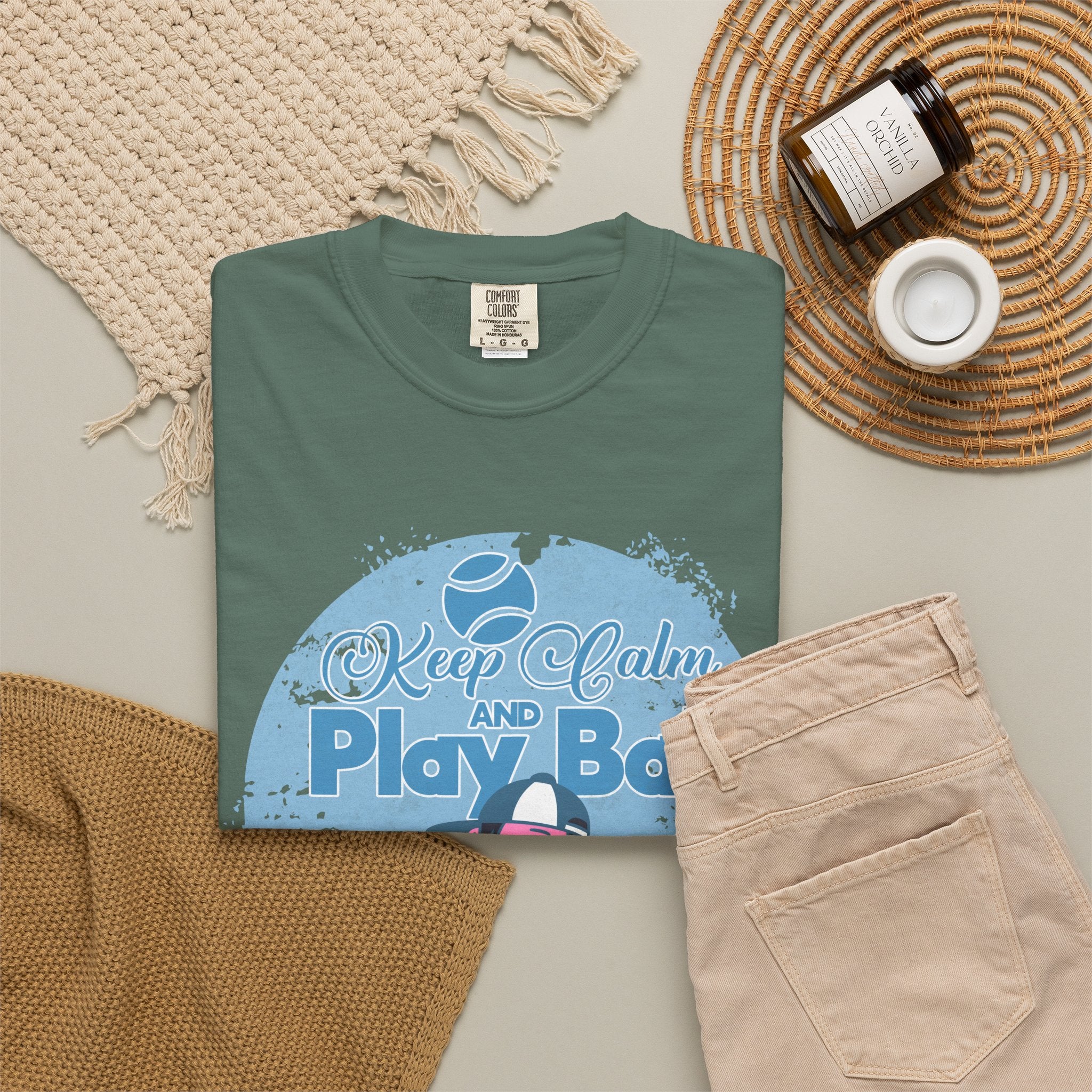 Textured Keep Calm and Play Ball Baseball T-Shirt — Cute Mascot Sports Tee for Kids & Fans