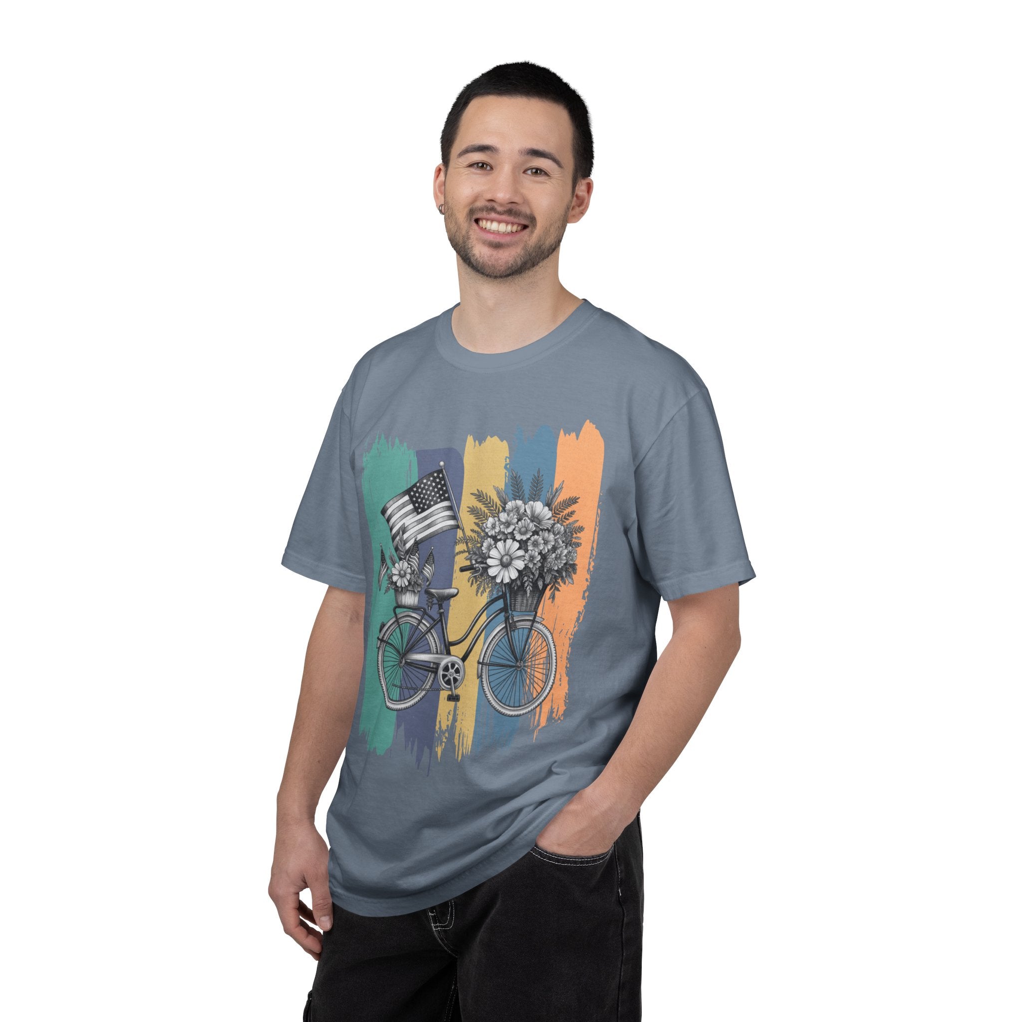Textured Vintage Bicycle Bouquet T-Shirt — Americana Floral Bike Tee
