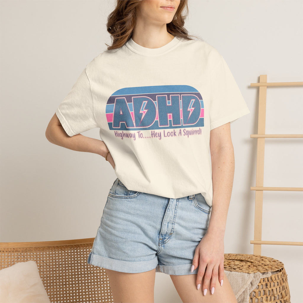 ADHD Retro Stripe T-Shirt — “Highway To… Hey Look A Squirrel!” Funny Neurodivergent Tee