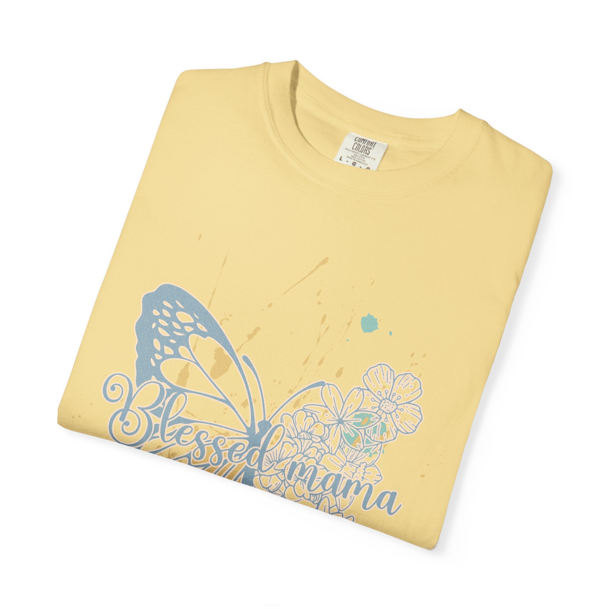 Retro Butterfly Blessed Mama Tee —Textured Serene Aqua Nature Graphic