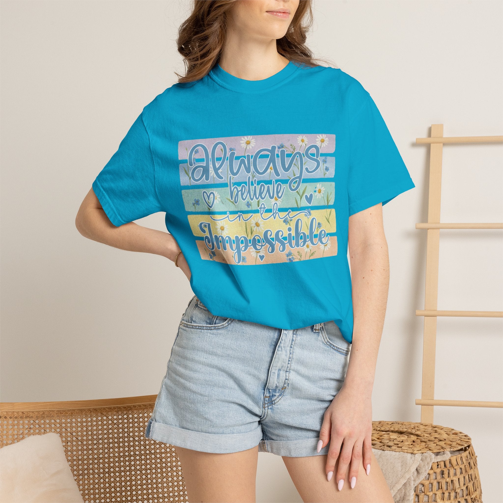 Textured T-Shirt — "Always Believe the Impossible" Pastel Inspirational Graphic Tee